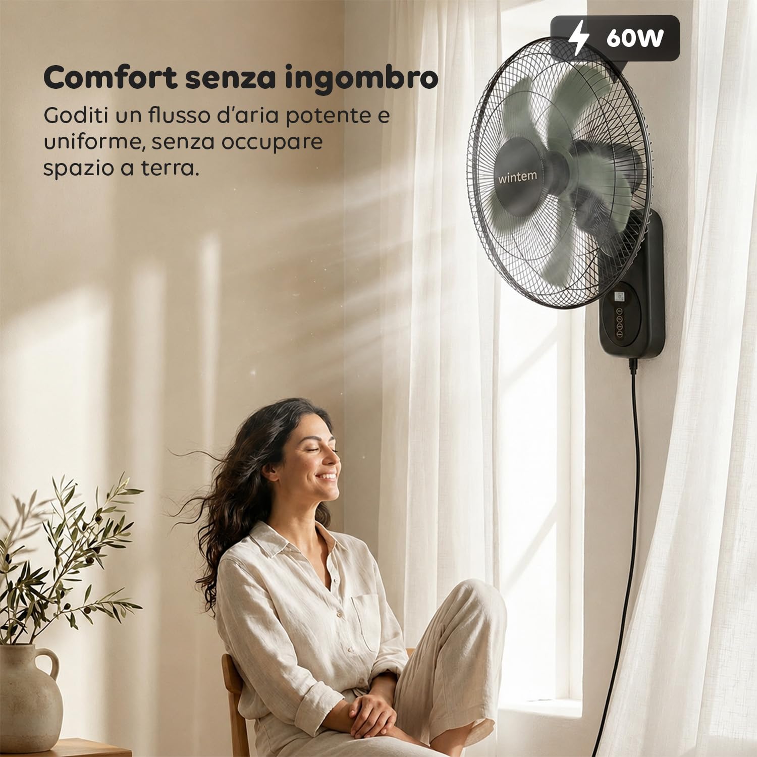 Wintem - Ventilatore a Muro Professionale 60W - Sistema a 8 Velocità Ultra-Precise - Timer 9h e Controllo Remoto - Diametro 40cm - Inclinazione 30° e Oscillazione 120°