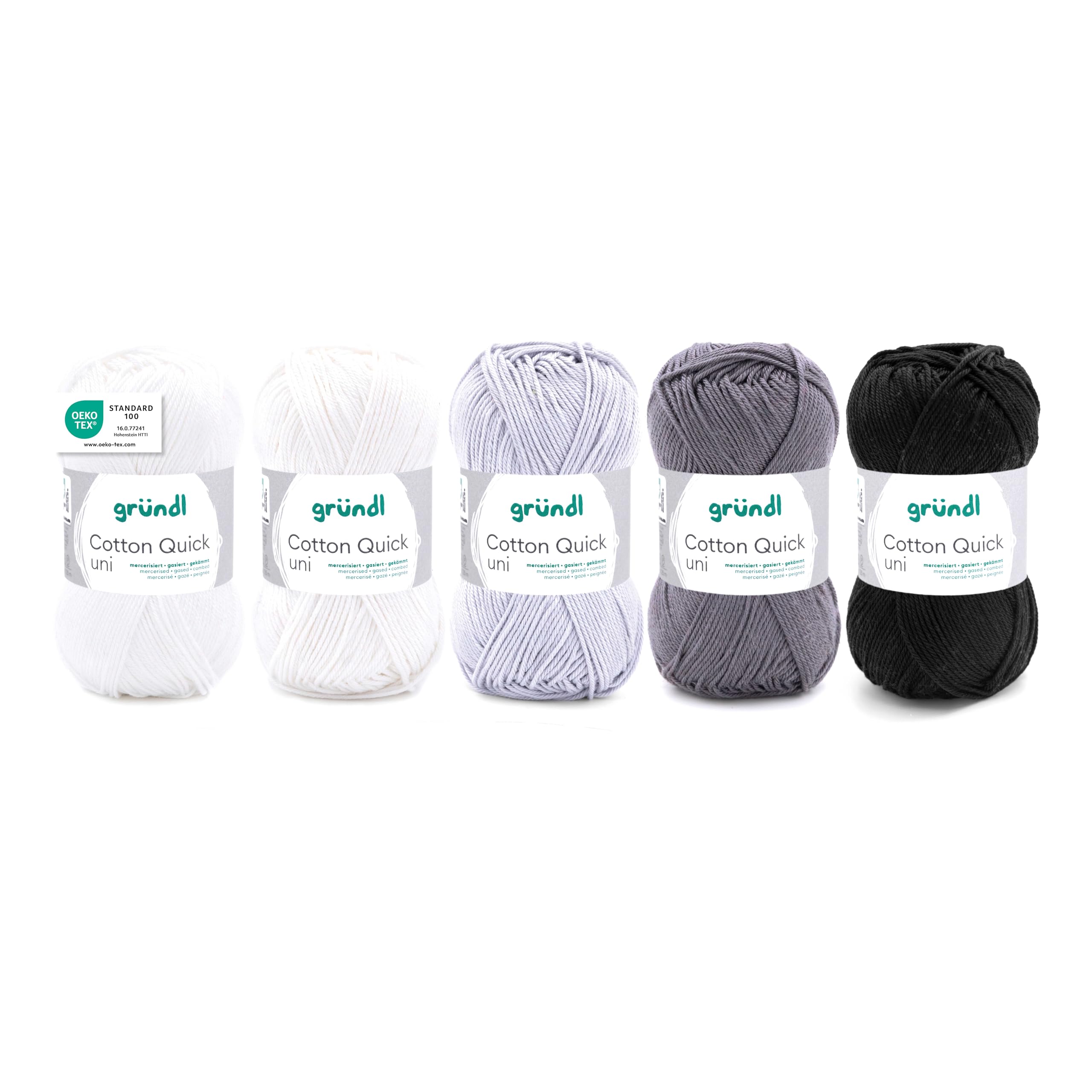Gründl Wolle Cotton Quick uni - dünne Wolle zum Häkeln - Strickgarn - Häkelgarn - Glänzend und hautfreundlich - 100% Baumwolle - 5 Knäuel 50 g / 125 m - Nadelstärke 3-4 - Weiß-Grau-Schwarz-Mix