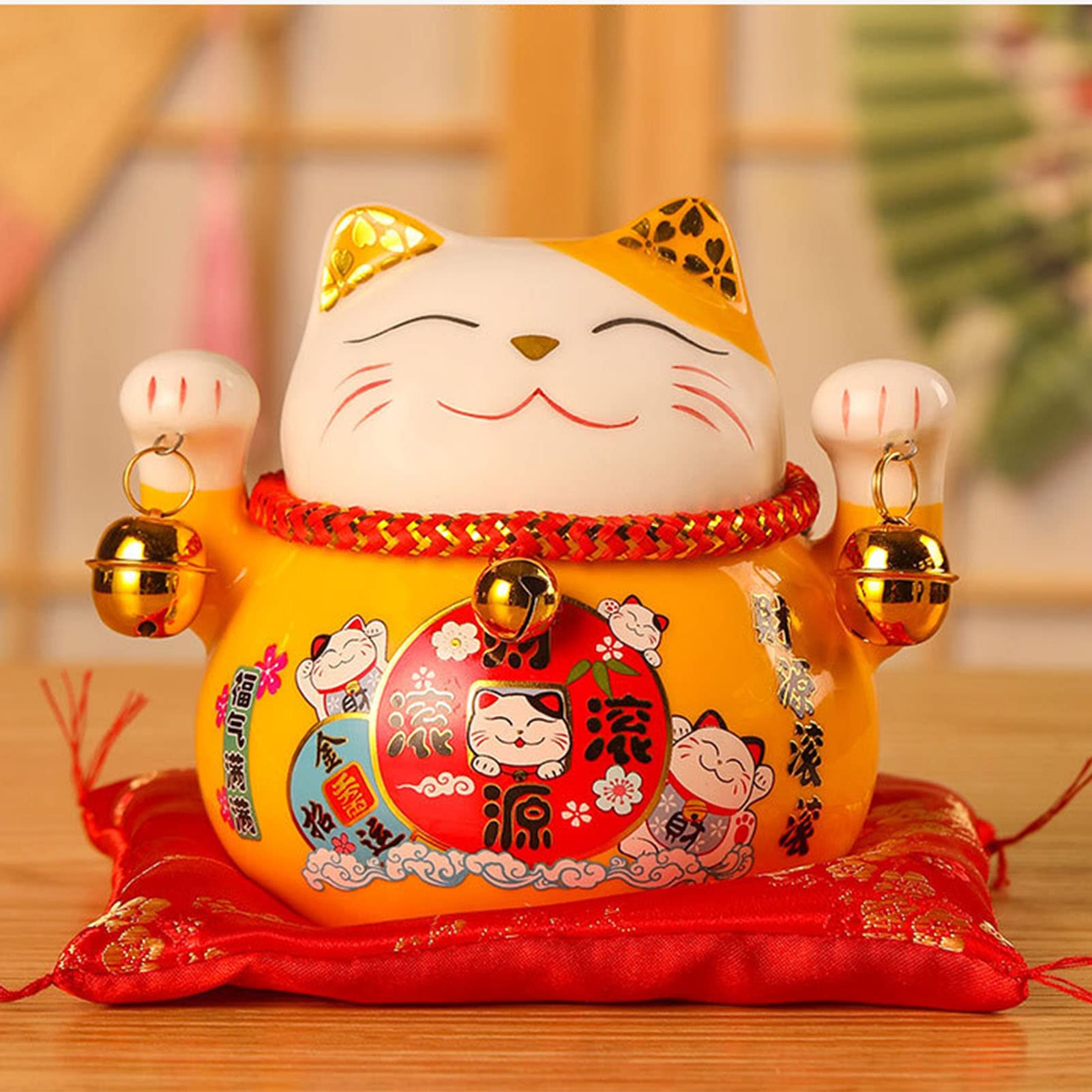 Salvadanaio Gatto Fortunato in Ceramica, 12x9x10cm Salvadanaio Feng Shui Portafortuna, Decorazione per Scrivania con Design di Gatto Fortunato​(Giallo)