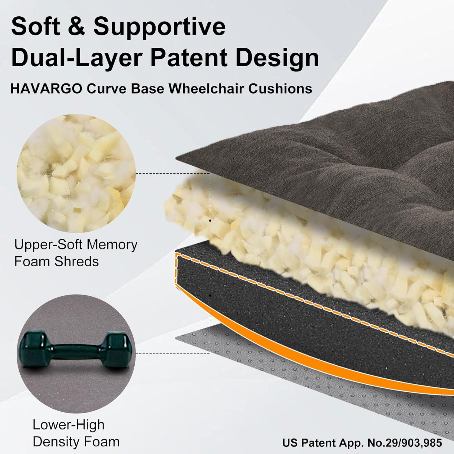 HAVARGO 18x16 Soft Chair Cushions for Seniors, Dual-Layer Memory Foam Anti-Sagging Patent Design with Curved Bottom for Better Fit and Pressure Relief on Wheelchair Seats,Car Seats, Recliners, Brown - Image 3