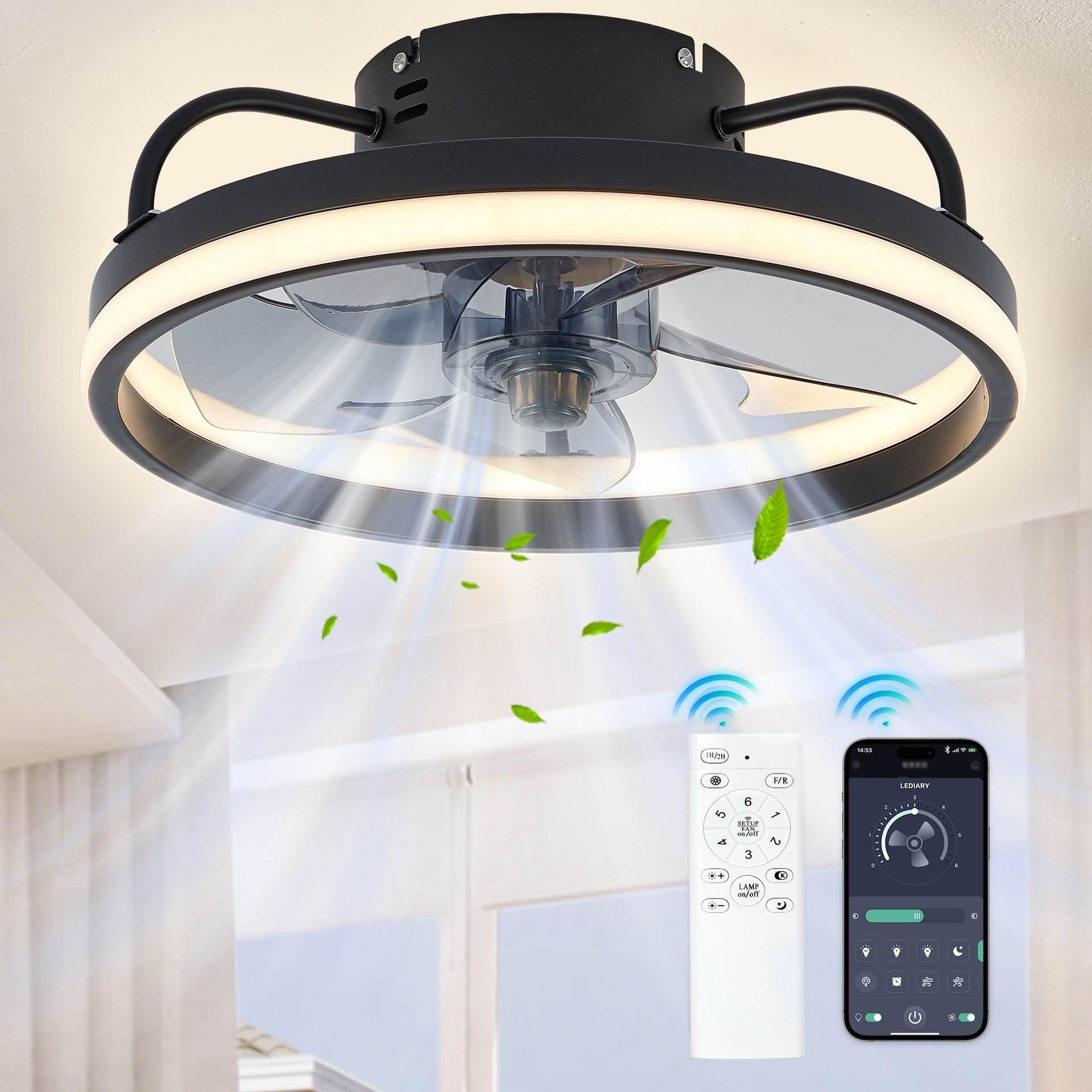 Eznaobo Ventilateur de plafond 50 cm avec éclairage et télécommande 6 vitesses variateur d'intensité application intelligente silencieux Noir