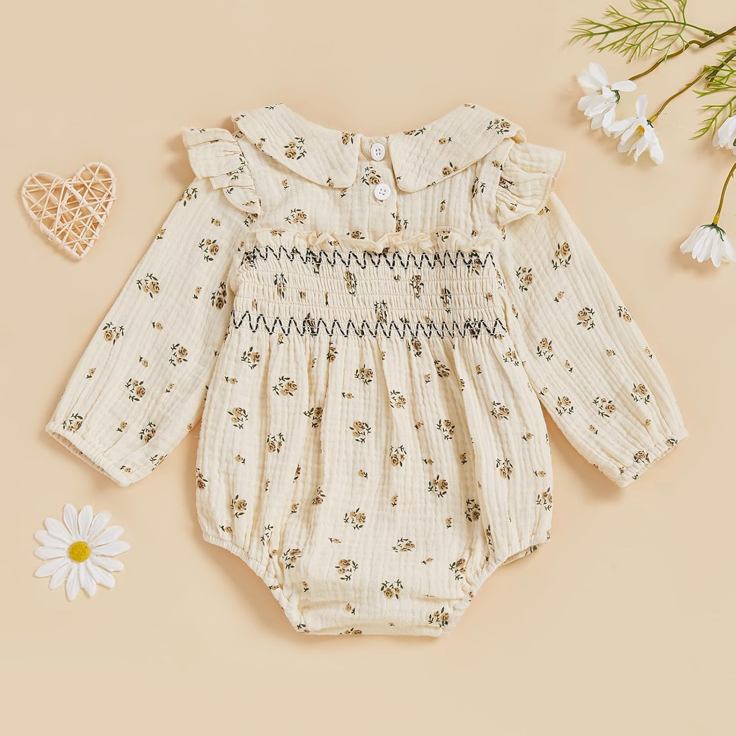 Emmababy Linen Bubble Romper Baby Girl Floral Smocked Romper Long Sleeve Ruffle Bodysuit Newborn Infant Fall Winter Clothes - Image 5