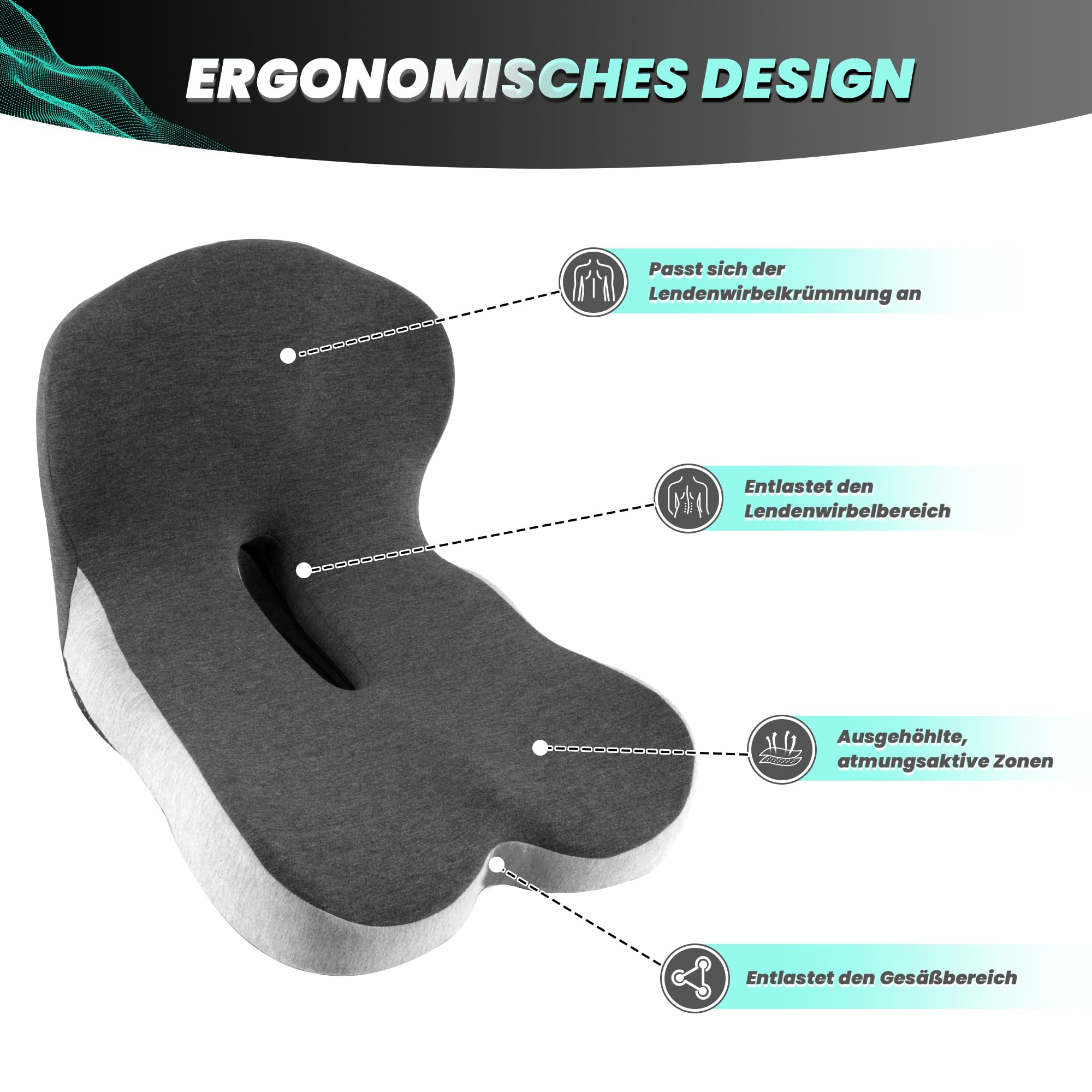 Urban Deco Sitzkissen Orthopädisch mit Rückenlehne, Ergonomisches Rückenstützkissen aus Memory-Schaumstoff, Stuhlkissen für Bürostuhl, Autositz, Rollstuhl, Büro, Auto, Schwarz & Grau,1PCS