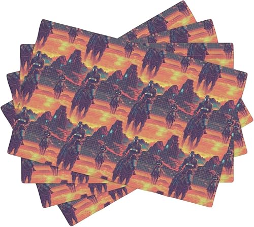 Dining Table Placemats Set of 4-12x18 Inch Cyber Retro Western Cowboy Print Faux Linen Double Heat Resistant Place Mats, Kitchen Table Mats,