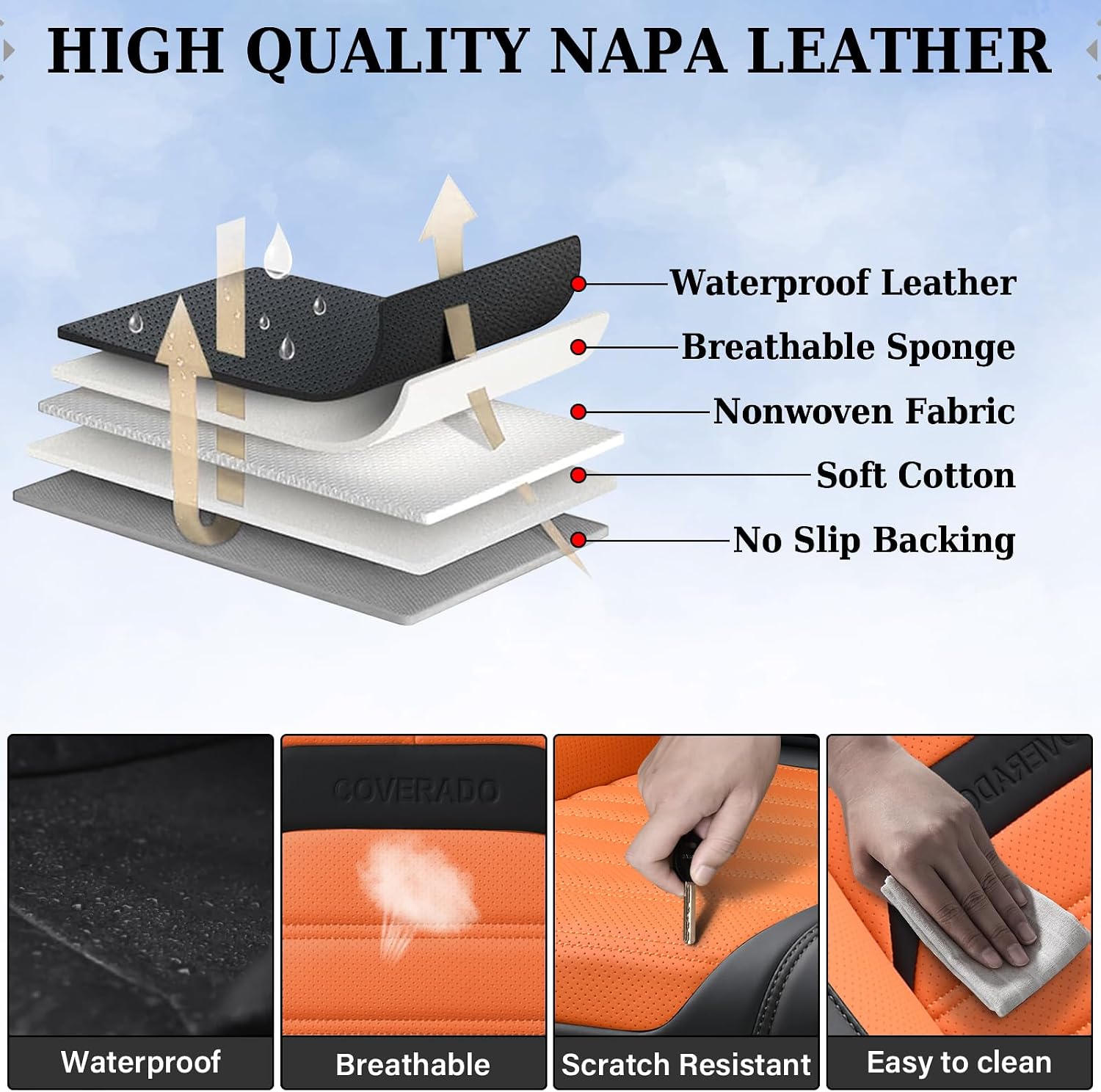 Coverado Waterproof Nappa Leather Car Seat Covers, Automotive Seat Covers，Front Car Seat Cushion & Car Seat Protector, Seat Covers Universal Fit for Most Cars, SUVs,Trucks,Black&Orange