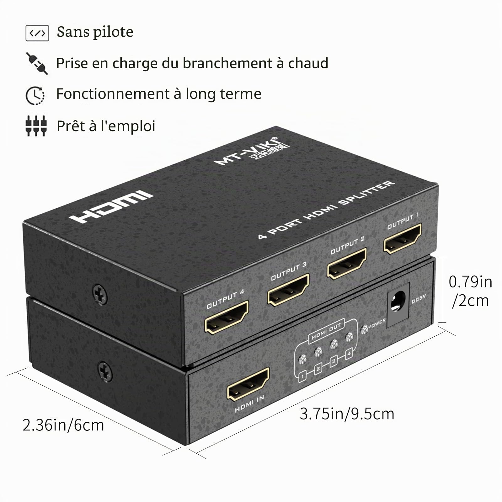 MT-VIKI Splitter HDMI 1 entrée 4 Sorties 1x4 Ports 4Kx2K@30Hz 3D Full HD 1080P Distributeur pour PS4 PS3 Fire Stick TV, DVD Moniteur