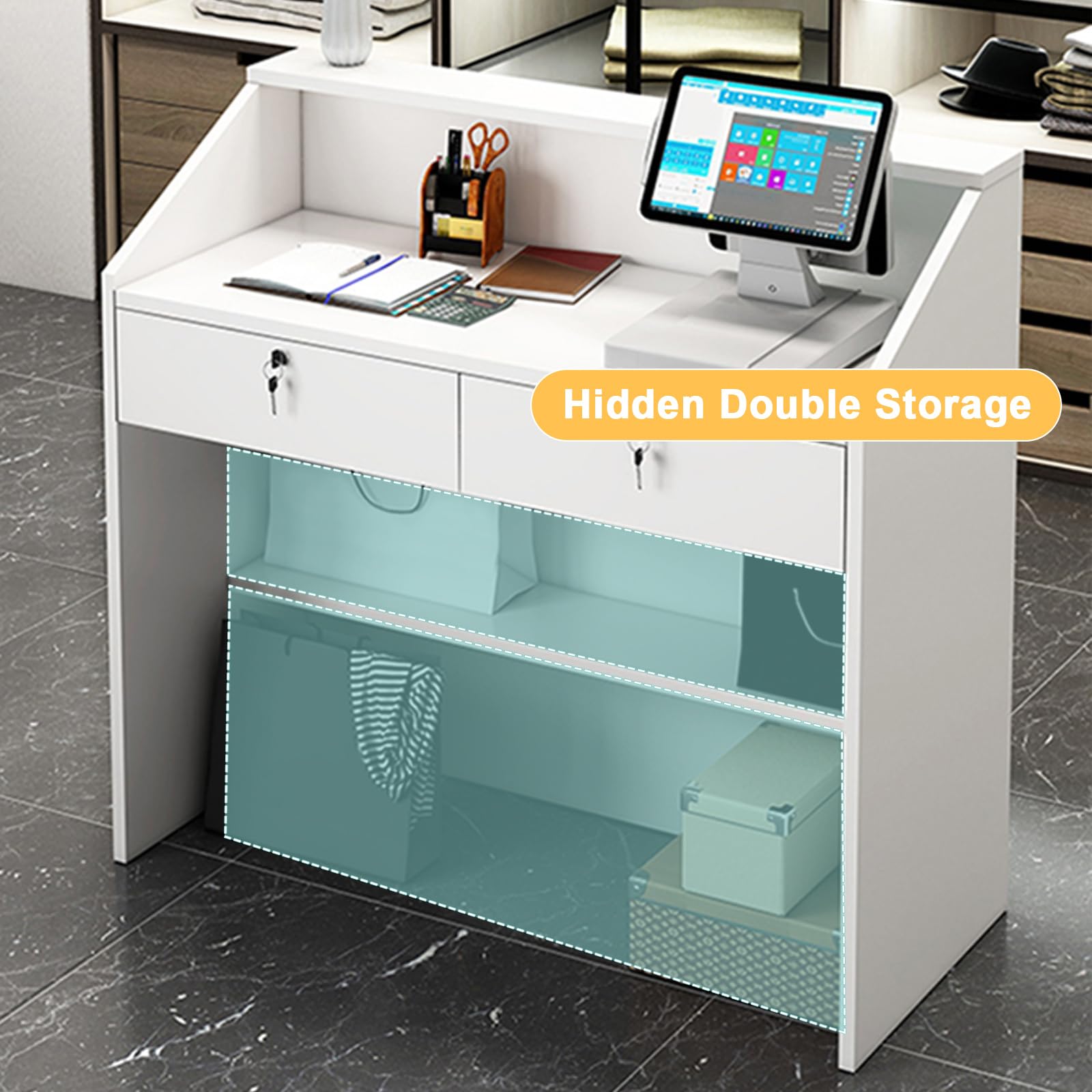 Mostrador de recepción, mostrador Frontal con cajón con Cerradura y luz, mostrador minorista para Caja, Escritorio de Madera para computadora para Oficina, vestíbulo, Tienda de Ropa, salón