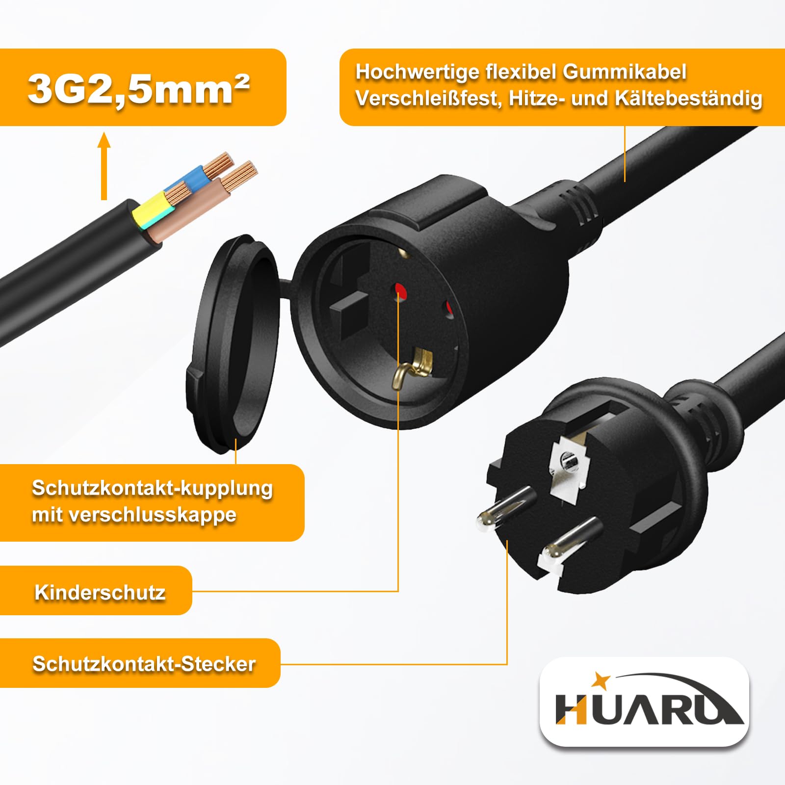 Cable alargador exterior 20 m con tapa protectora H07RN-F 3G 2,5 mm², cable de alimentación de goma alargador con enchufe Schuko para exteriores IP44, cable eléctrico exterior, 3500 W, 16 A 250