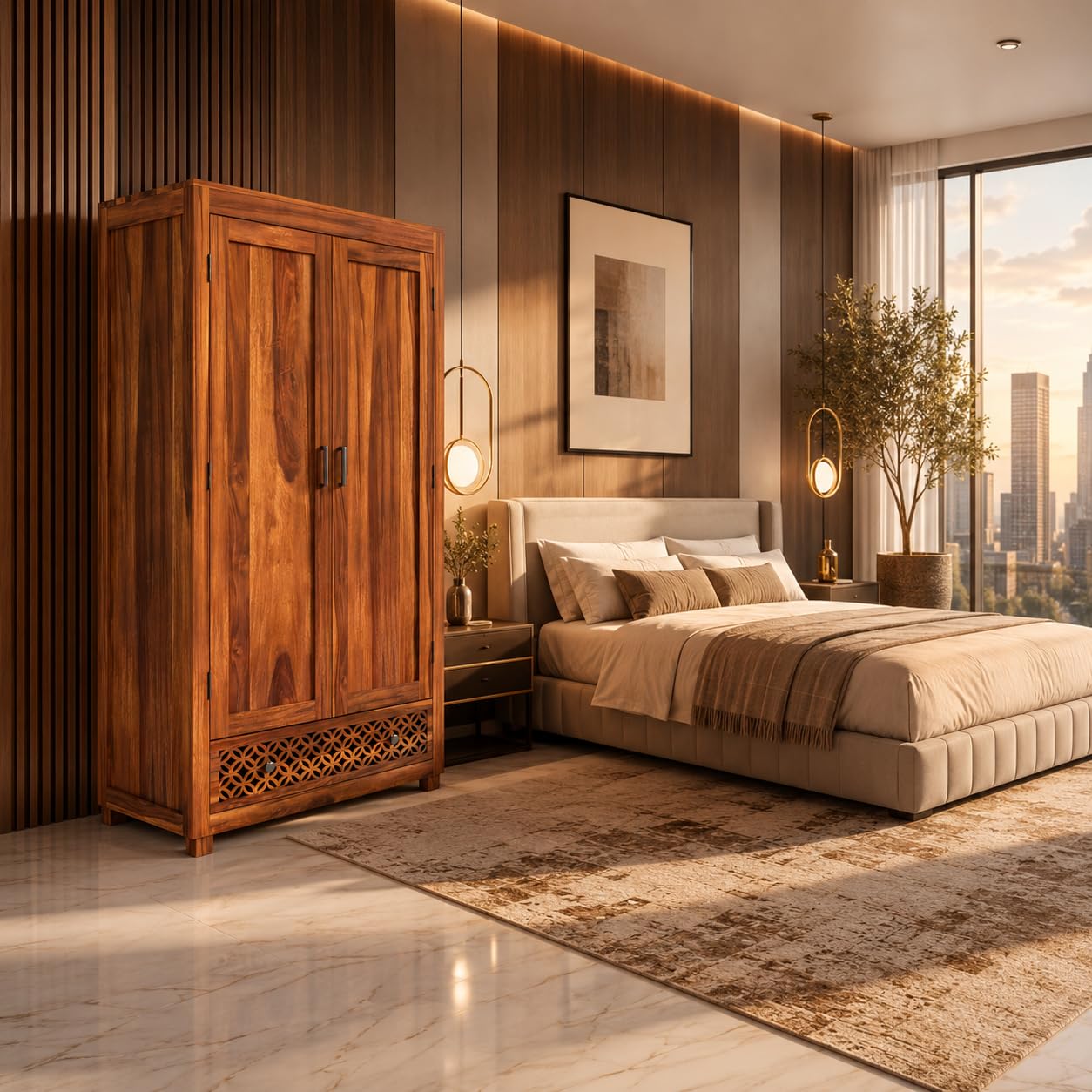 Solid Wood Wardrobe with Double Doors Decorative Lattice Panel, Natural Honey Oak Finish-image-45