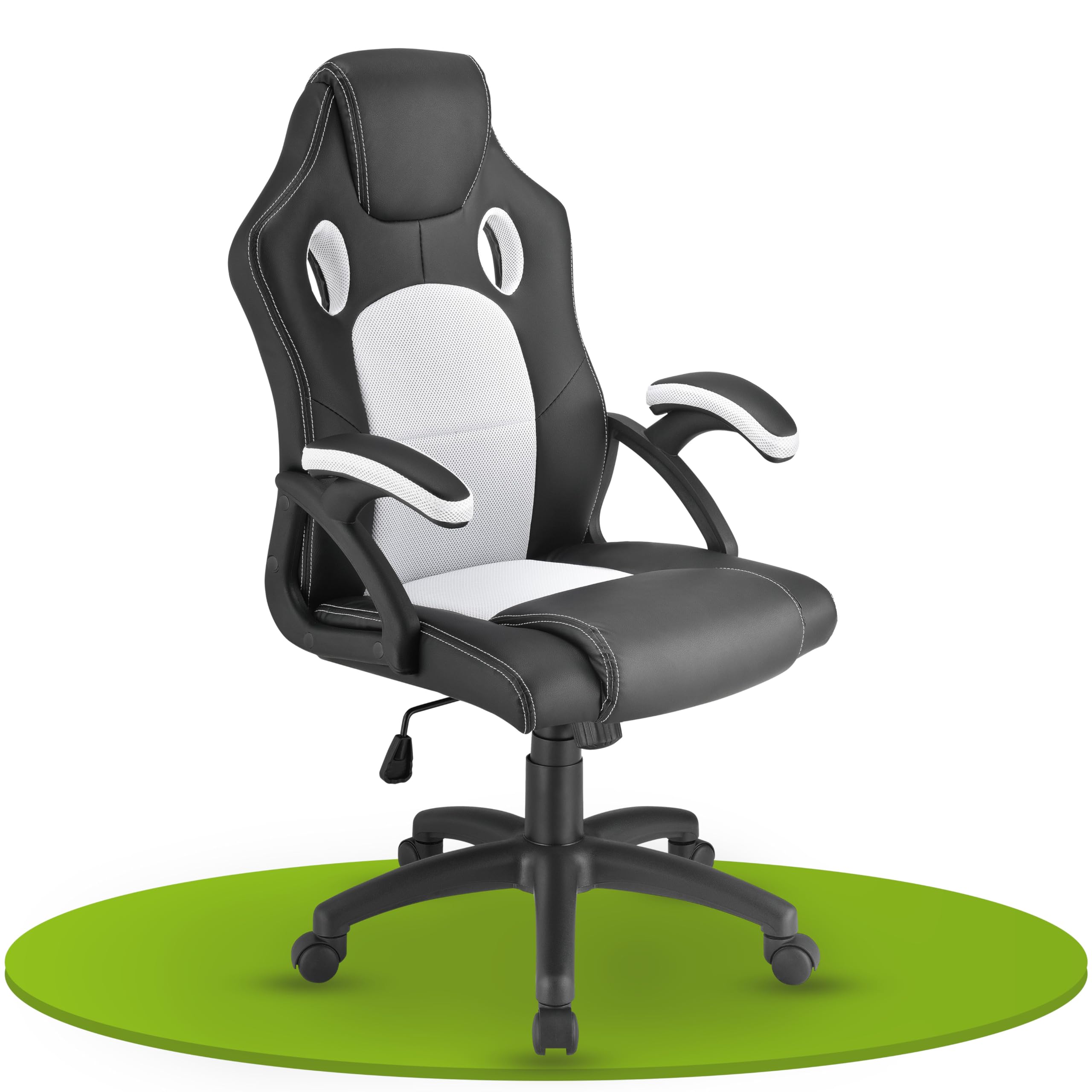 Juskys Silla de Escritorio Racing Montreal en Blanco | Reposabrazos Acolchado y Respaldo ergonómico | Silla de Oficina Silla giratoria Silla Gamer