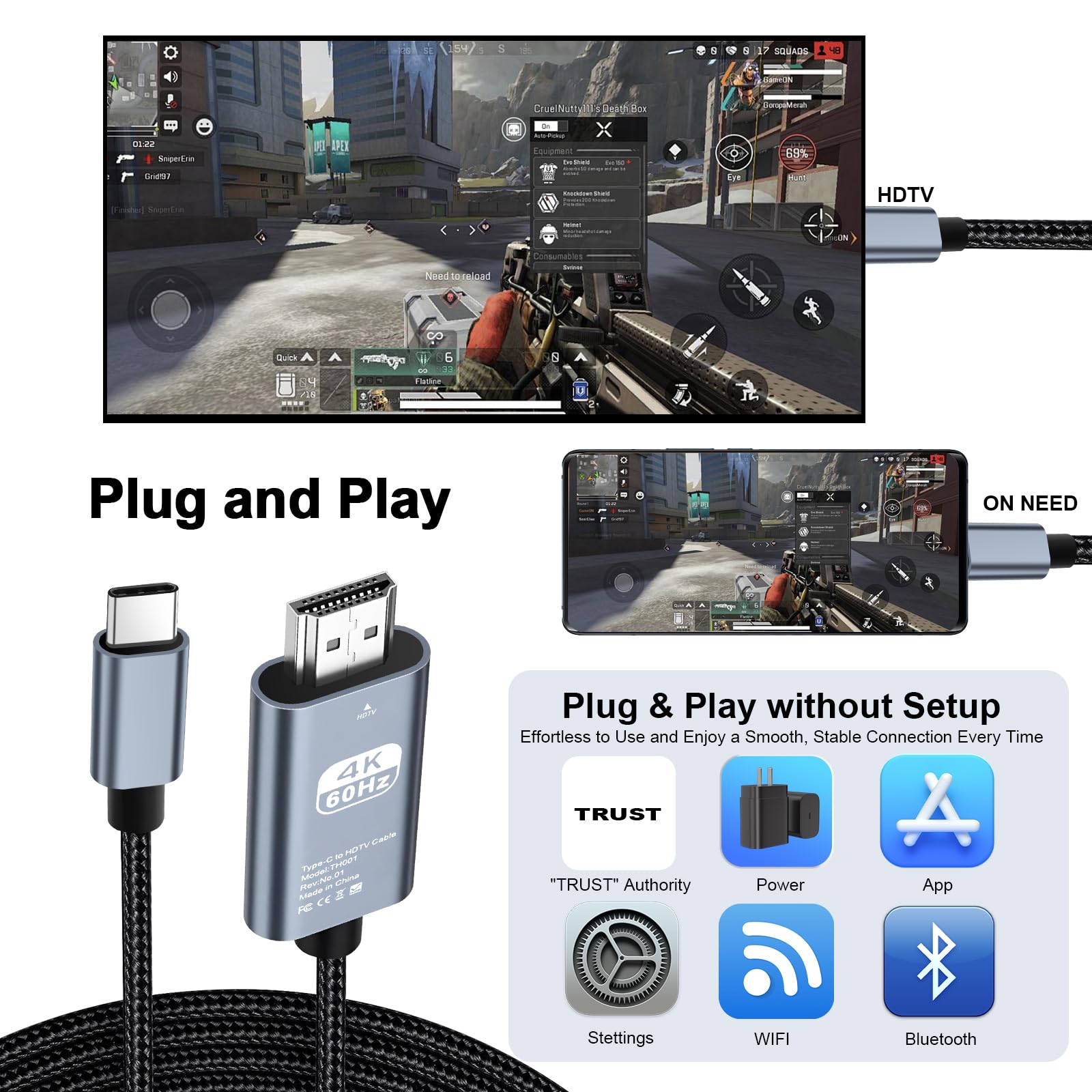 Câble USB C vers HDMI 4K60Hz T9 2 m tressé, adaptateur HDMI vers USB C, câble HDMI compatible avec iPhone 17/16/15 Pro Max, MacBook Pro/Air, iPad, Samsung S25/S24, Dell, Surface