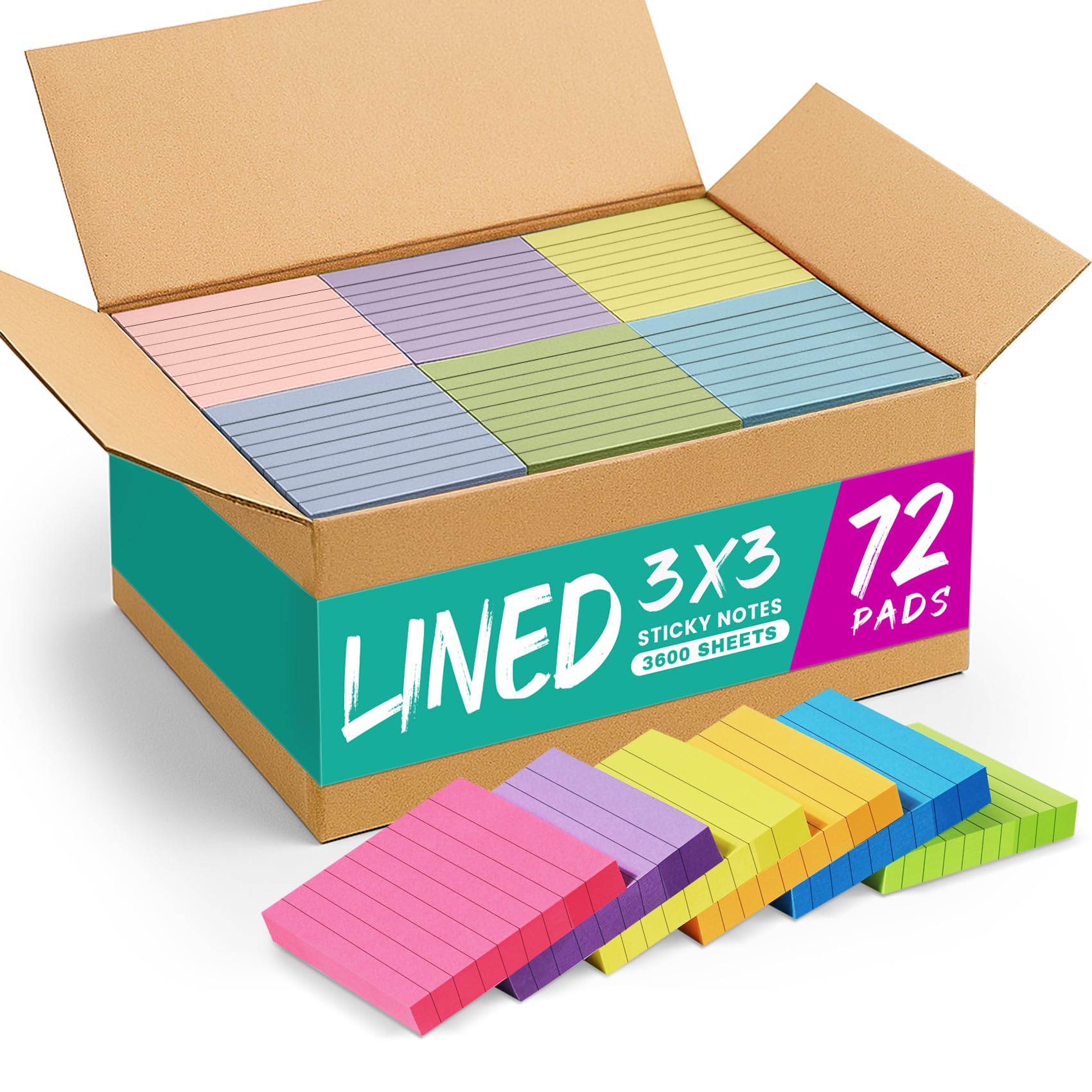 Lot de 72 carnets de notes adhésifs lignés, 7,6 x 7,6 cm, pour bureau, étude et organisation quotidienne, idéal pour les notes et les rappels, lumineux