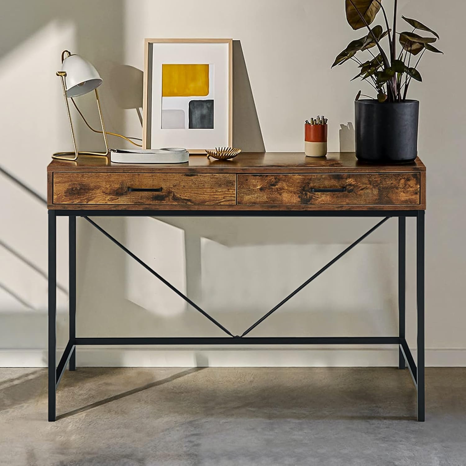 EROMMY Industrial Computer Desk, Writing Study Table with 2 Drawers, Wood Desktop Black Steel