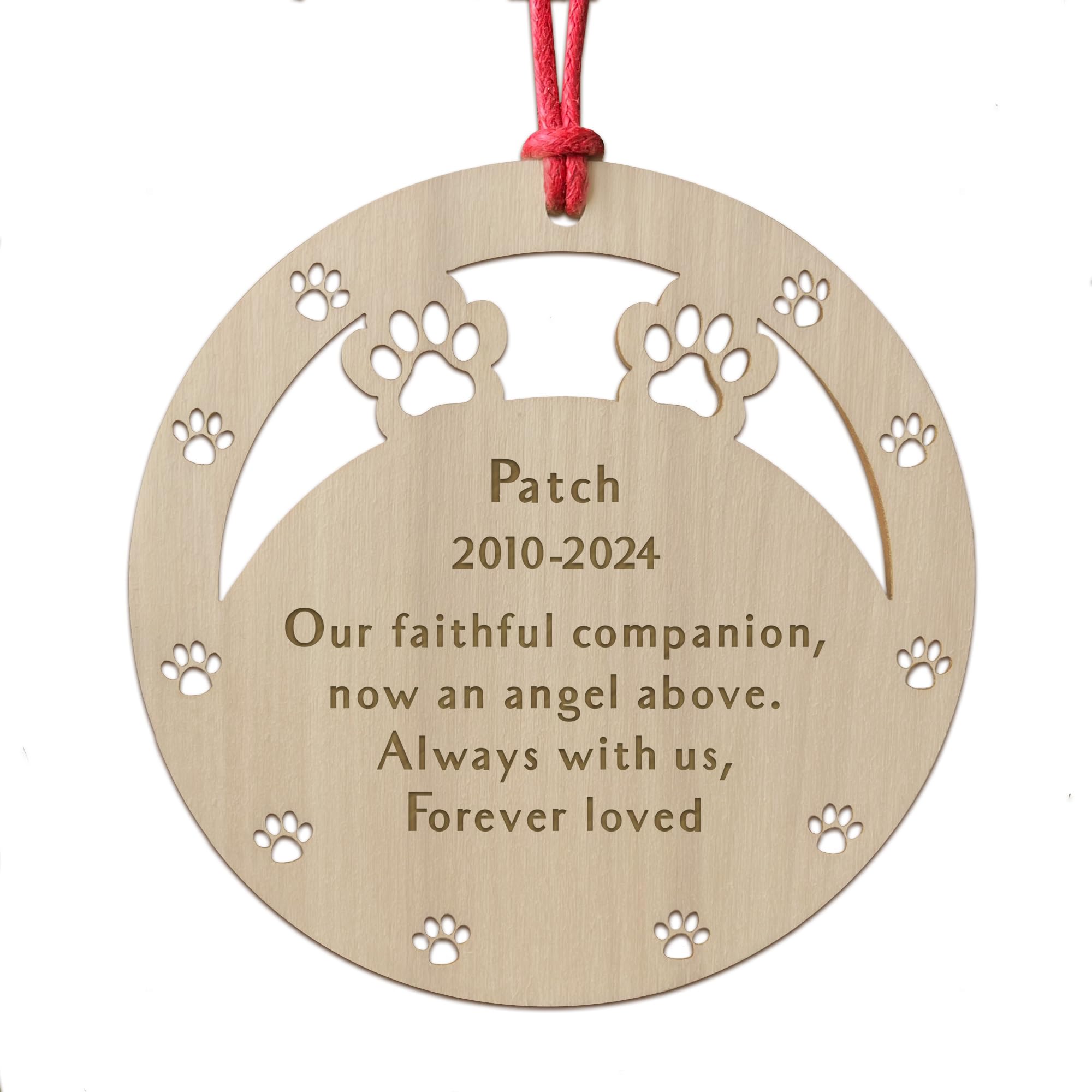 Red Ocean Personalised Pet Memorial Christmas Tree Bauble Decoration, Pet Memorial Gifts Loss of Pet, Dog Memorial Christmas Tree Decorations, Wood Engraved Bauble Decoration (Angel Above)