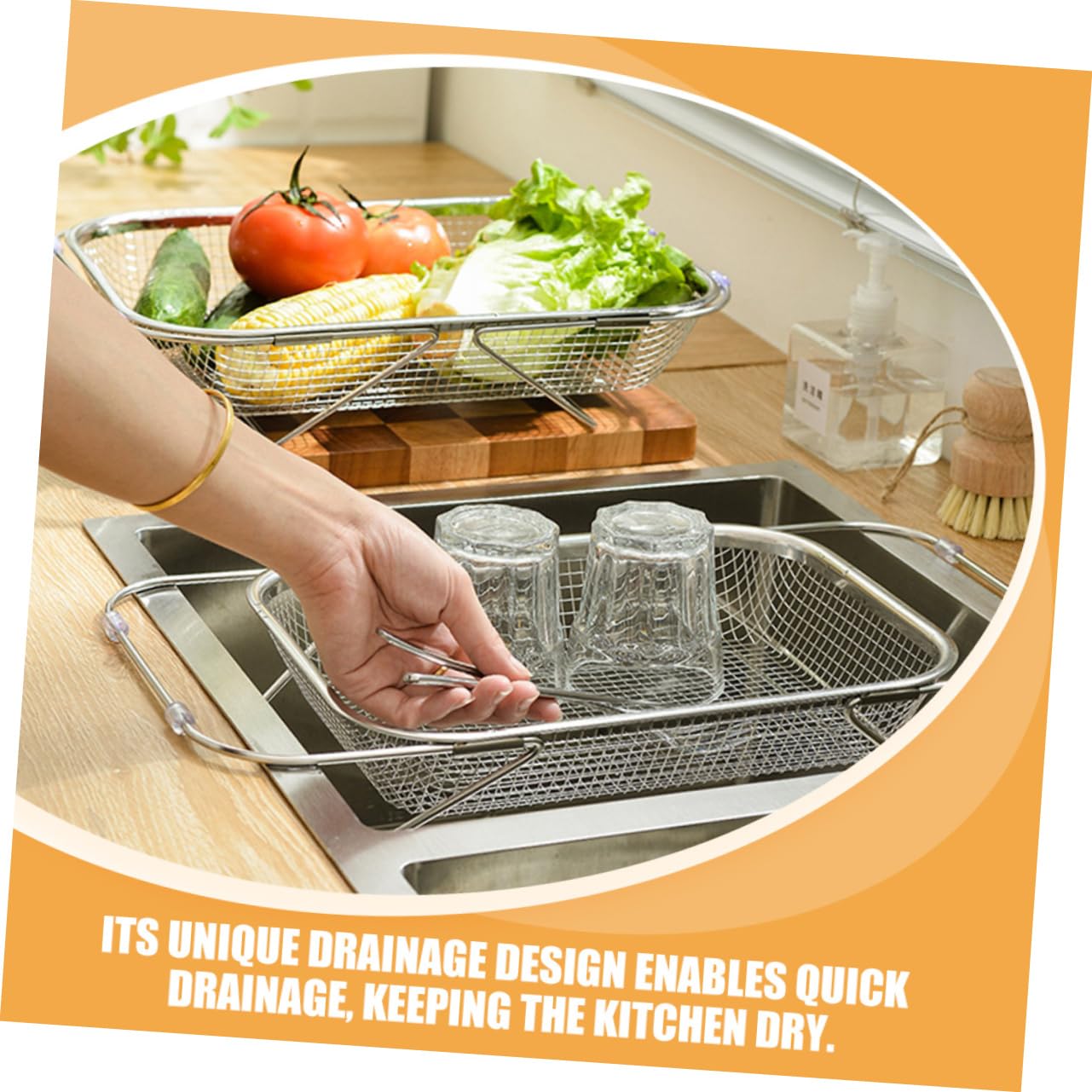 LABRIMP Cestello scolapiatti per lavello in acciaio inox, per cucina, versatile ed efficiente, per frutta, verdura e stoviglie