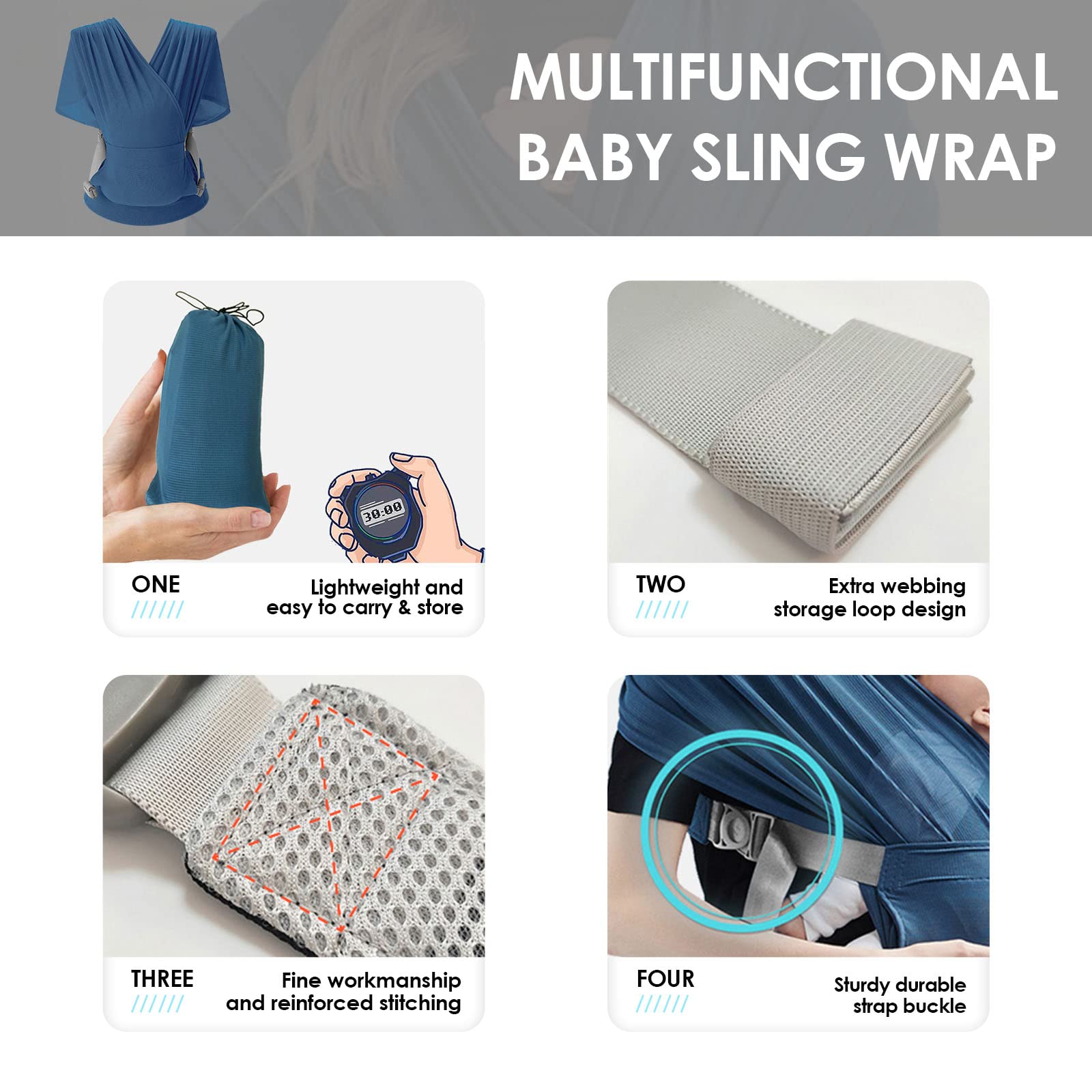 SONARIN Fular Portabebés Transpirable, Ergonómico Portador de Bebé Bandolera Ligero Portátil, Mochila Elástica para Recién Nacidos de Hasta 15 kg (Azul)