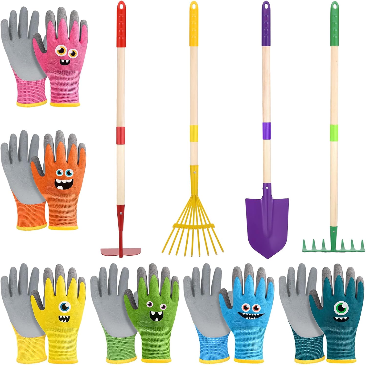 Kids Gardening Tools Garden Gloves Kits Children Detachable Yard Work Equipments Metal Shovel Rake Hoe Leaf Rake Toy Gifts (Small (Age 3-5))