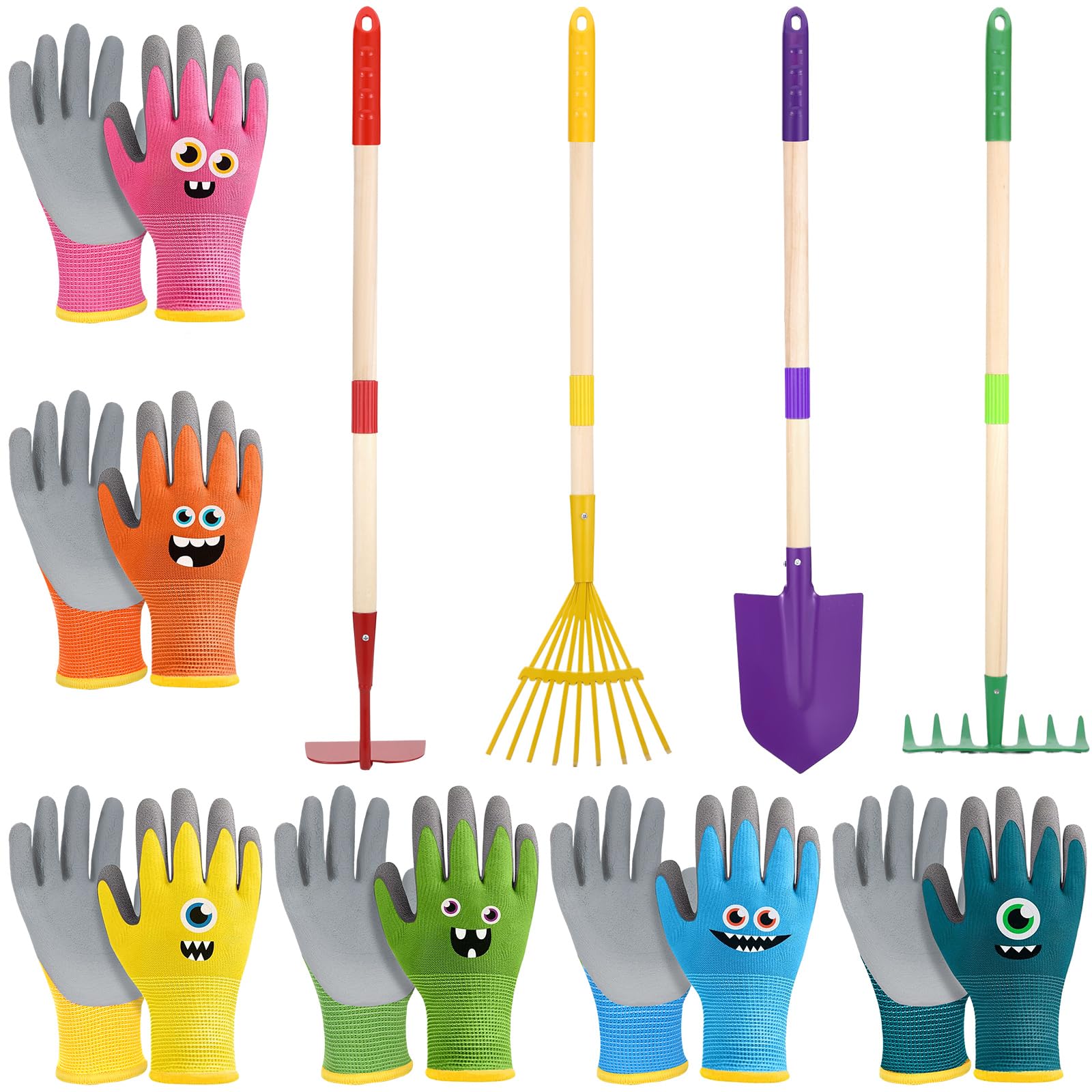 Kids Gardening Tools Garden Gloves Kits Children Detachable Yard Work Equipments Metal Shovel Rake Hoe Leaf Rake Toy Gifts (Small (Age 3-5))