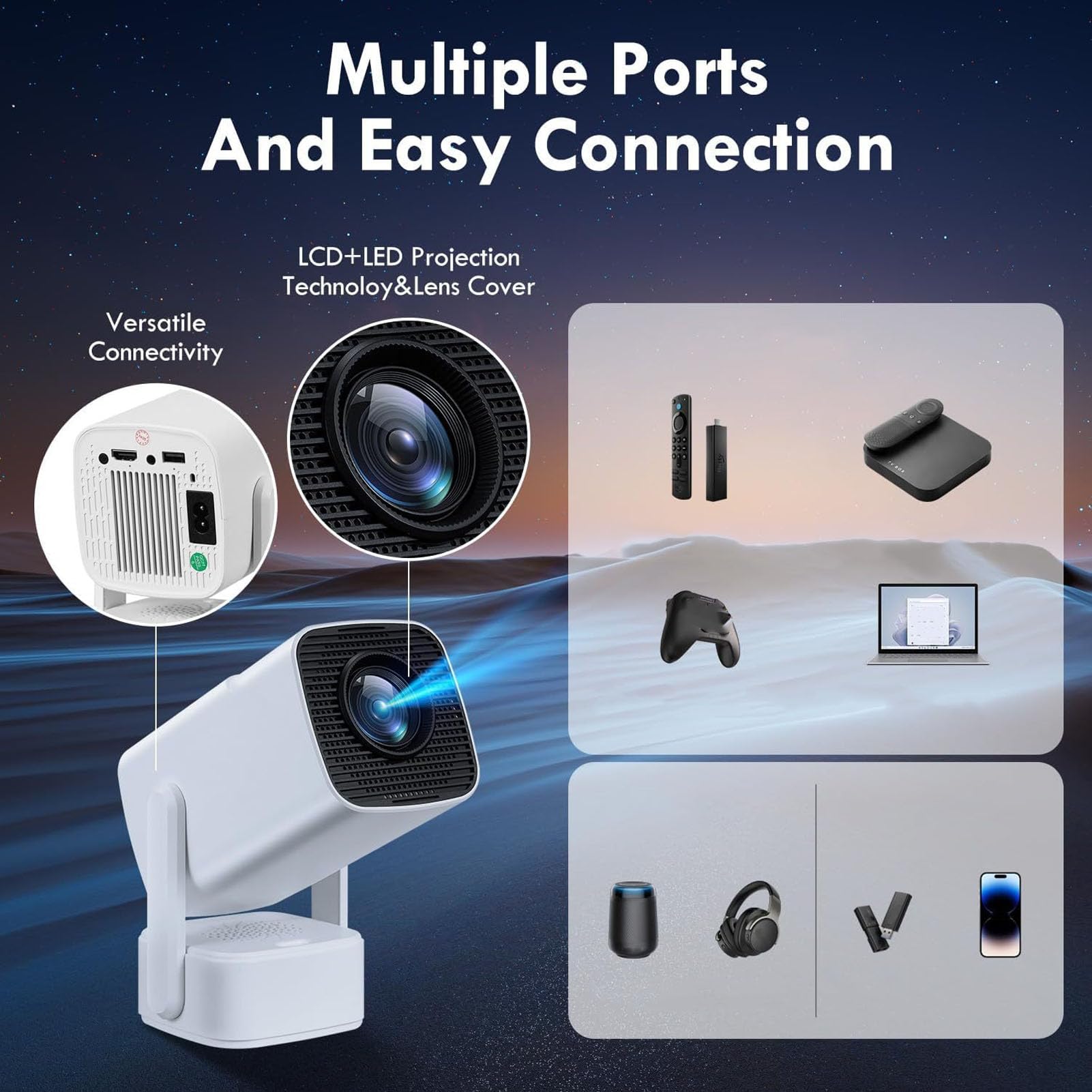 Mini Projektor Filmowy, Przenośny, Inteligentny Projektor Wideo 4K 1080P z automatyczną korekcją, WiFi 6 BT 5.4, Ekran Projekcyjny od 25 do 110 Cali, do Domu, Sypialni (wtyczka UE)