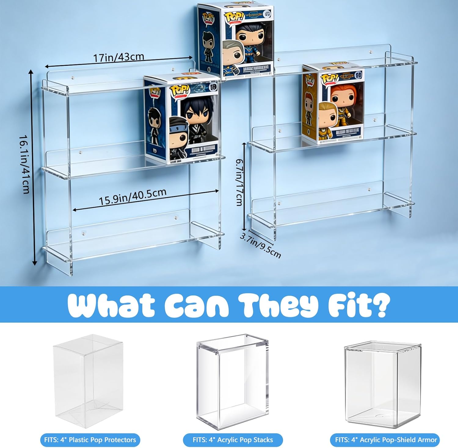 2 PCS Wall Display Shelves Compatible with 21 Funko Pop in Box Acrylic Floating Display Shelves Clear Tiered Display Shelf for Collectibles Stackable Action Figure Stand for Boxed Figures Display Case