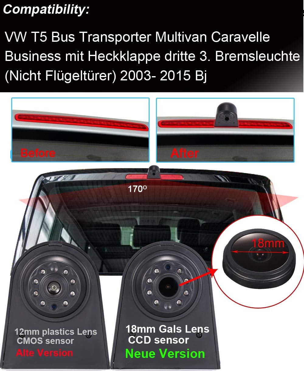 Kamera z obiektywem 18 mm + monitor TFT LCD 18 cali. Samochodowy HD wodoodporny zestaw kamer cofania światła hamowania do VW T5 Bus Transporter Multivan Caravelle / Business z tylną klapą, trzecie