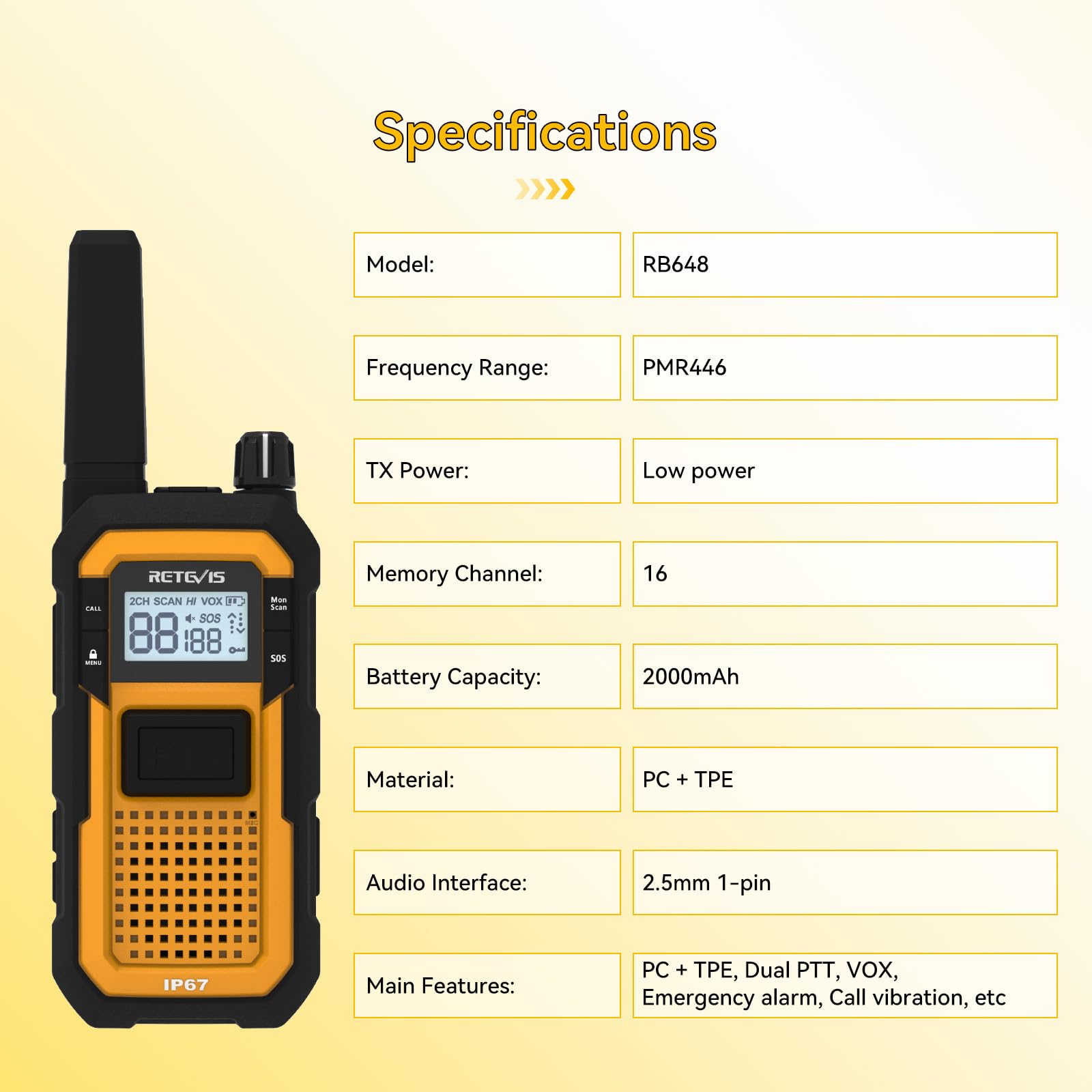 Retevis RB648 Impermeabile Walkie Talkie IP67, Ricetrasmittenti con Caricabatterie a 6 Vie