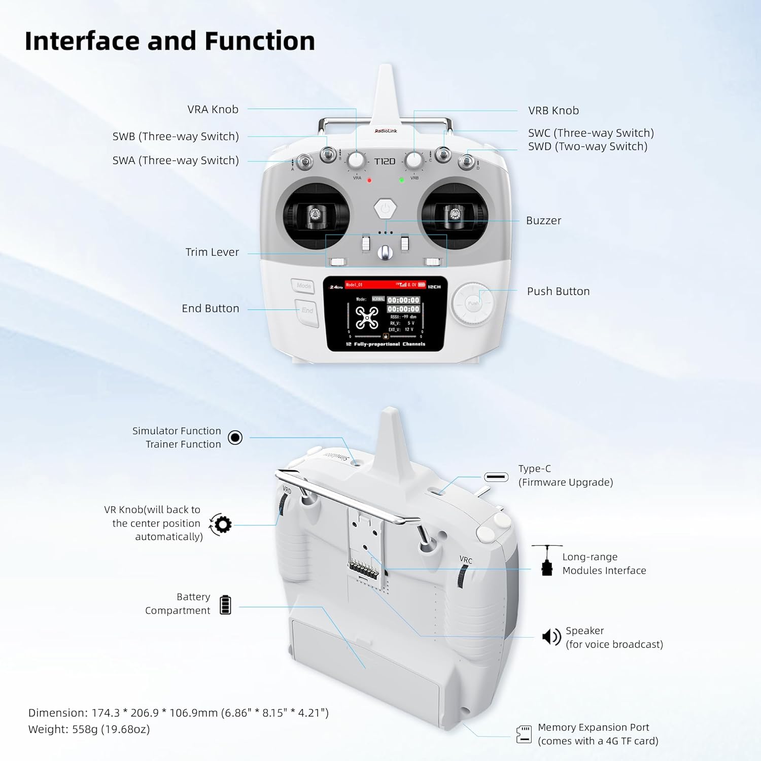 Diagram showing the battery compartment of the Radiolink T12D transmitter and supported battery types: LiPo, AA, Type-C temporary power, and JST 2Pin connector.