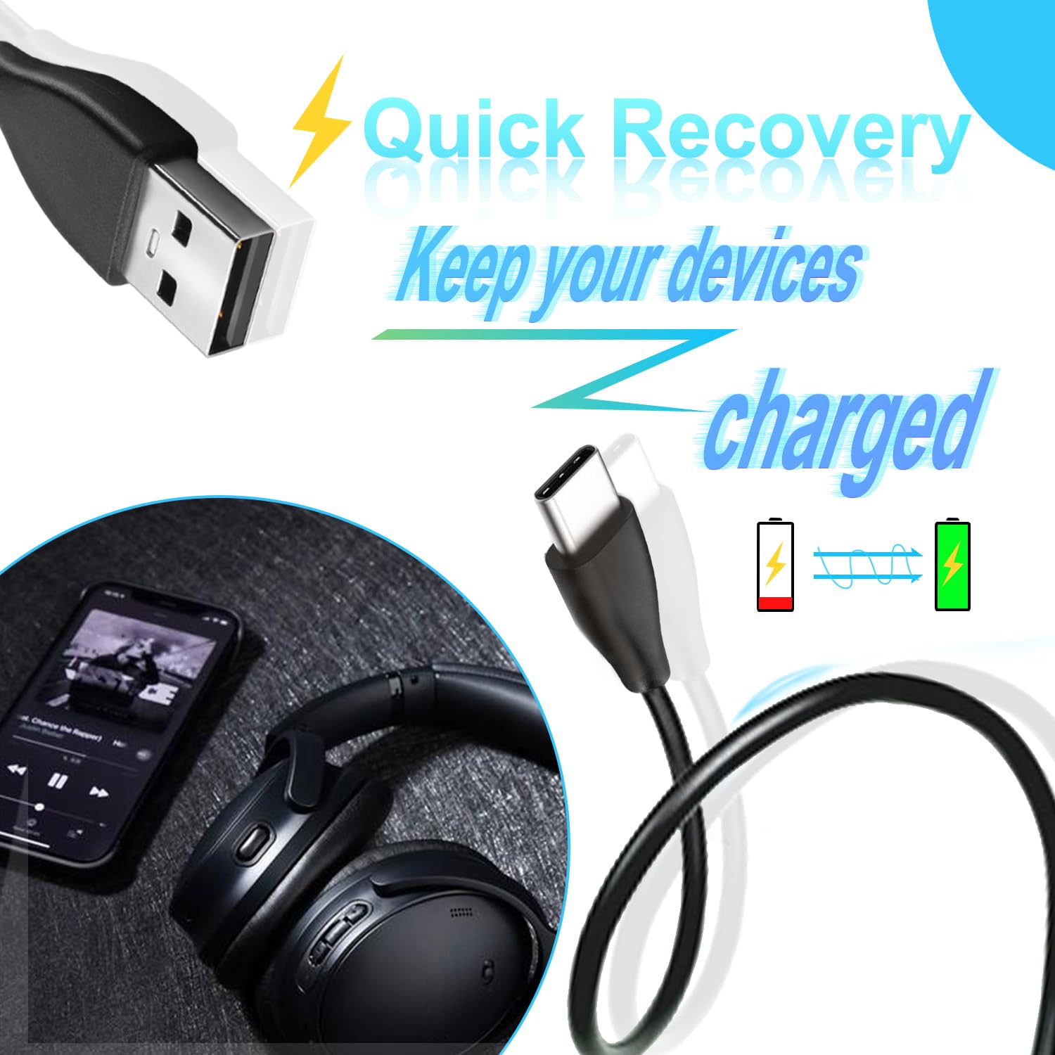 Câble De Charge USB Type C Pour Casque Bose - Compatible Noise 700, QuietComfort Earbuds II, QC45, SoundLink Flex (1,1m Noir)