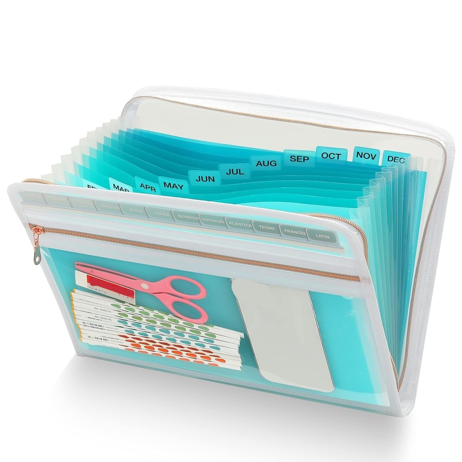 Organizador De Carpetas Archivos Expandible 13 Bolsillos Para Escritorio | Con bolsa frontal transparente,Organizador de archivos en acordeón con cierre de cremallera,Papeles tamaño carta(Pink)