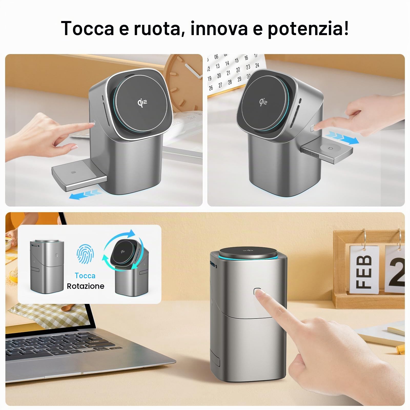 Stazione di ricarica a induzione 3-in-1 QI2, di ricarica wireless, la ricarica rapida, supporto per telefono compatibile con iPhone, AirPods, iWatch, con ventola di raffreddamento 33 W argento