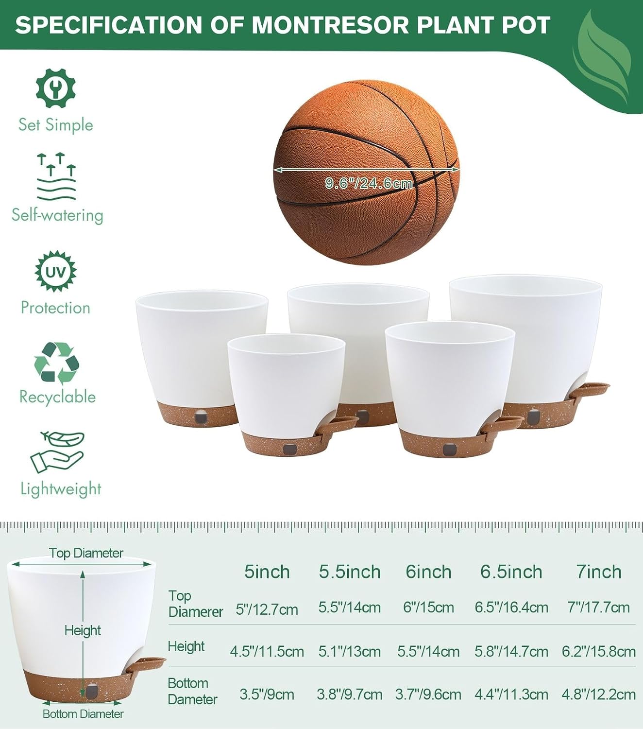 Self Watering Pots for Inoor/Ourdoor Plants 5/5.5/6/6.5/7" Plastic Planter image 5