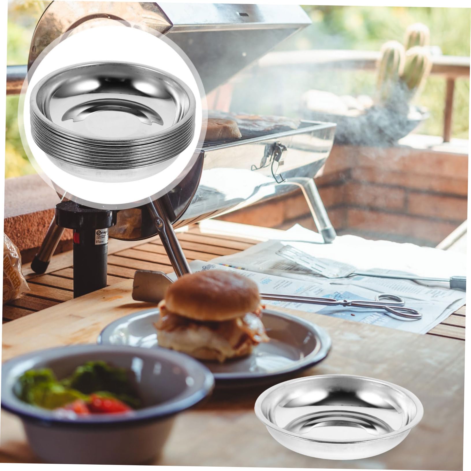 GREENADSCAPE 10pcs Round Stainless Steel Mustard Plates Seasoning Dishes for Dipping Sauces for Bbq Family Gatherings and Restaurant Use