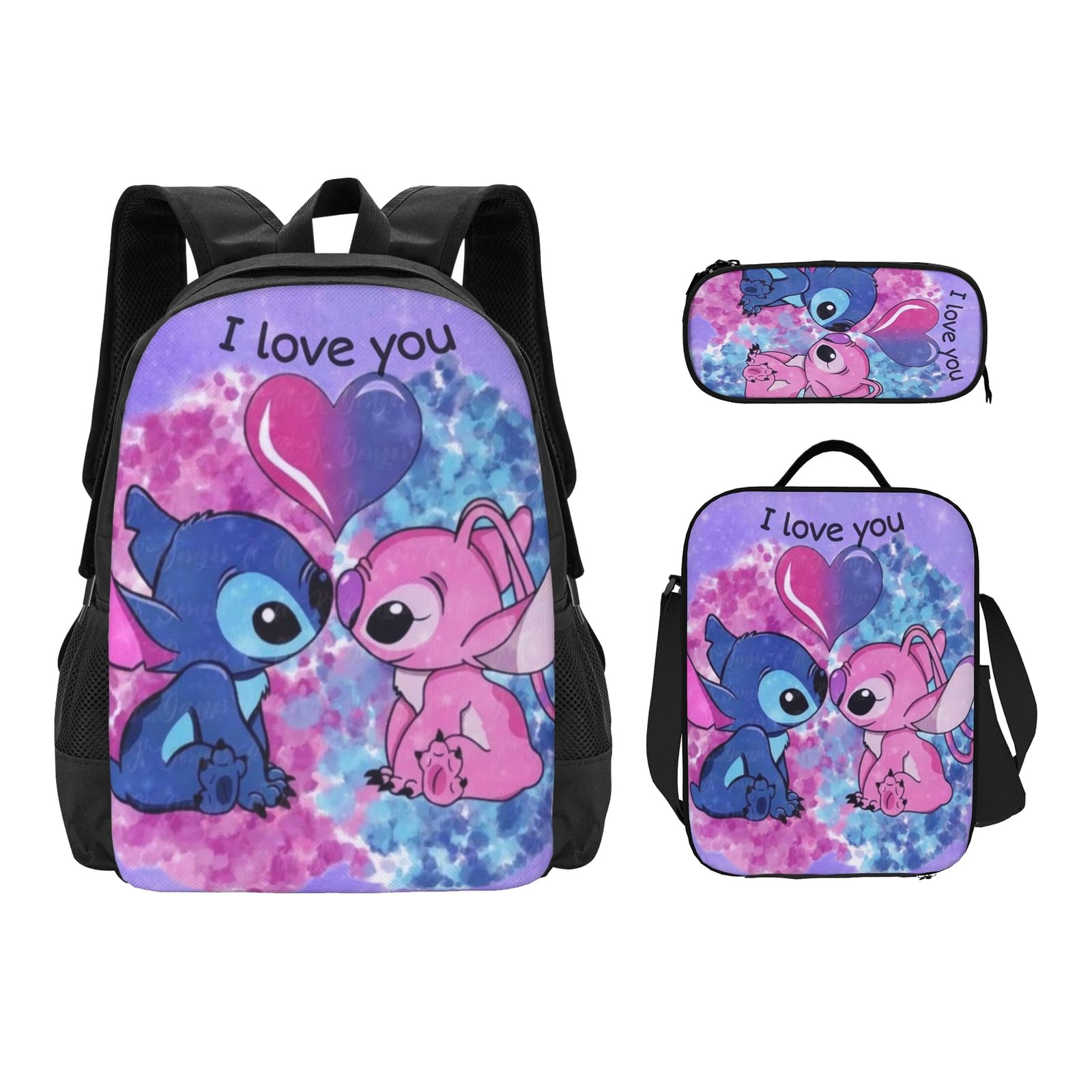 Stitch and Angel Backpack Cute School Backpack Cartoon Back Pack School Book Bag Lightweight Schoolbag With Lunch Bag Box And Pencil Case For Boys Girls Gifts