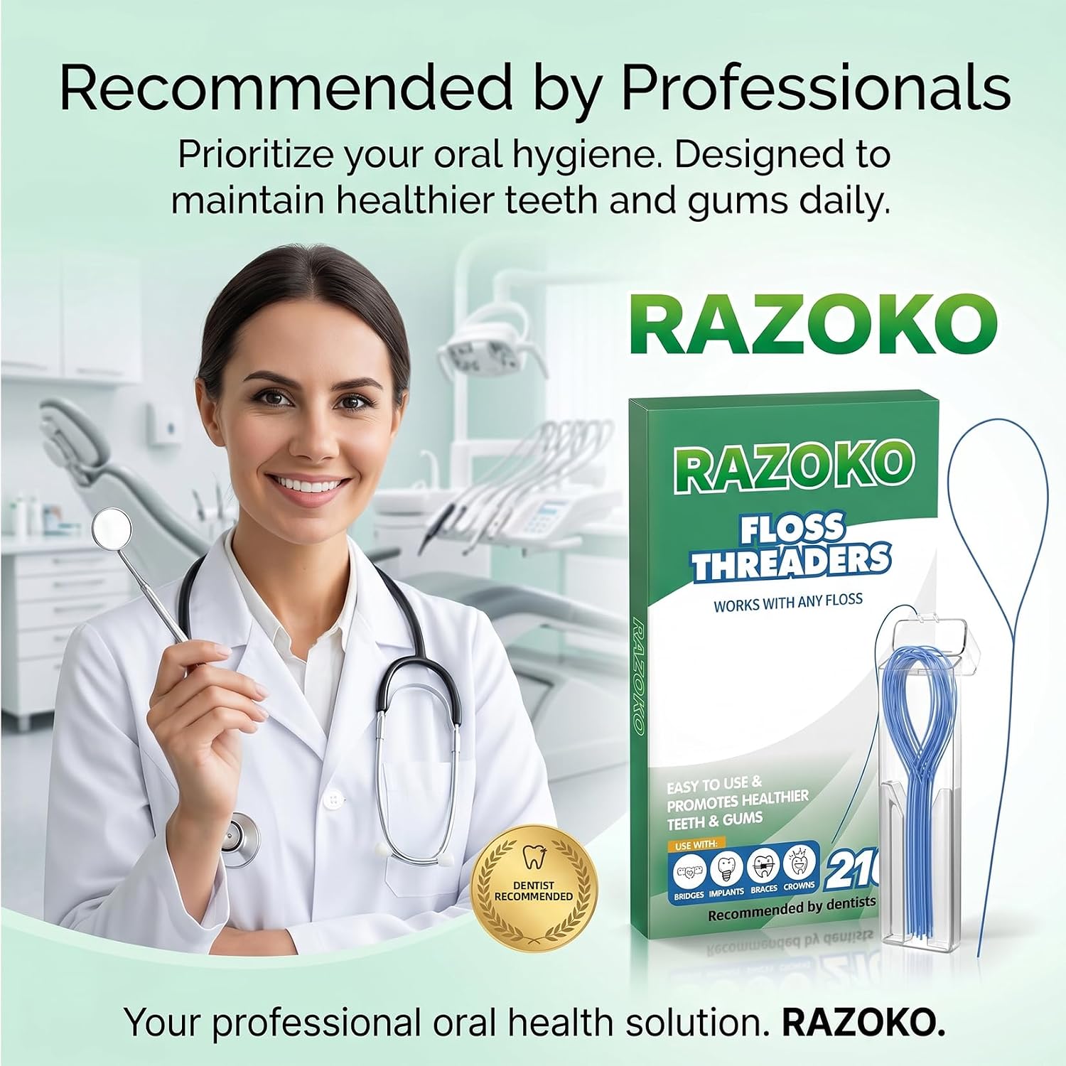 RAZOKO Dental Floss Threaders for Braces, Bridges, Implants & Crowns | Nylon Floss Threaders for Orthodontic Care | 210 Count (6 Packs) with Travel Case