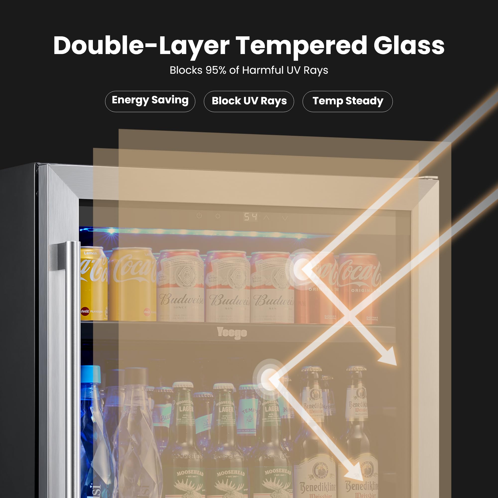 YEEGO 24 Inch Beverage Refrigerator – 180 Can Built-In Under Counter Drink Fridge With Glass Door, 34–54°F Cooling For Beer, Soda & Wine (Right-Hinged) on Fridge.com - View 5