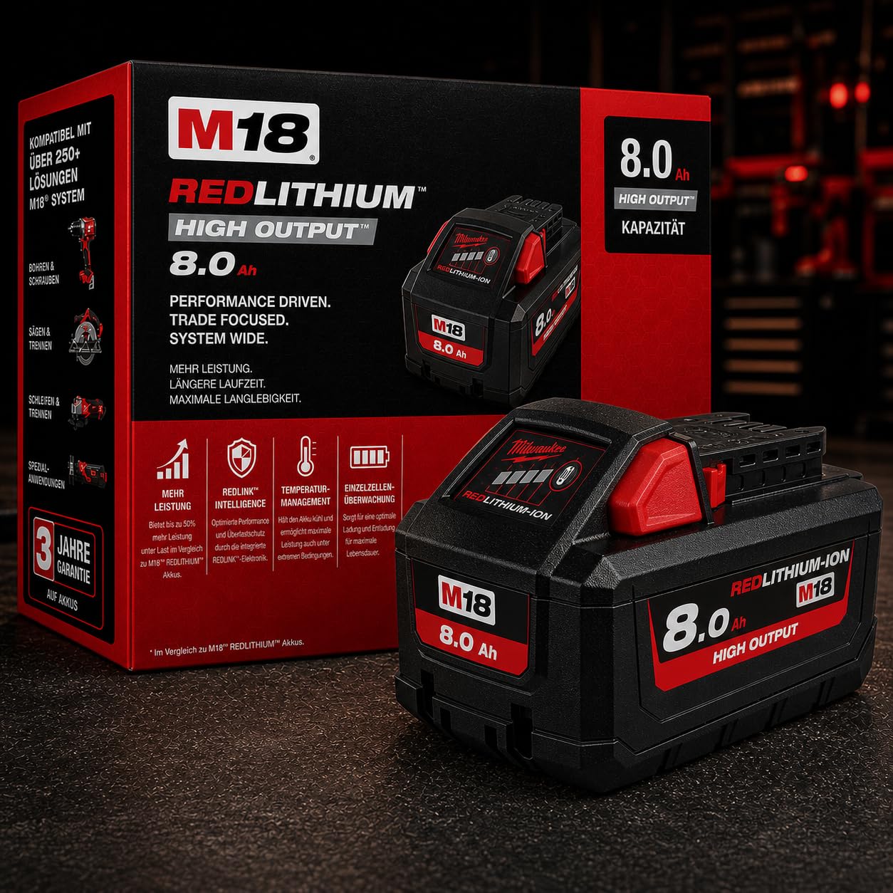 Batteria compatibile con Milwaukee M18 - M18 HB8, M18FB8, M18FB8, batteria di ricambio agli ioni di litio ad alta potenza con indicatore LED, massima potenza, lunga durata e energia affidabile