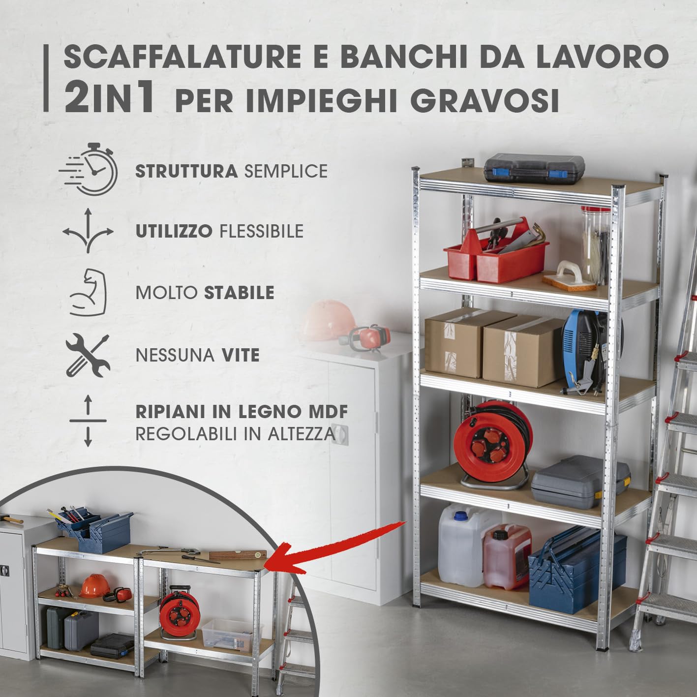 EASYmaxx Set di 2 scaffali per carichi pesanti, 180x90x40cm | 1750kg di portata, 175kg per livello | Scaffali per magazzini, cantine, banchi da lavoro | 10 Ripiani regolabili