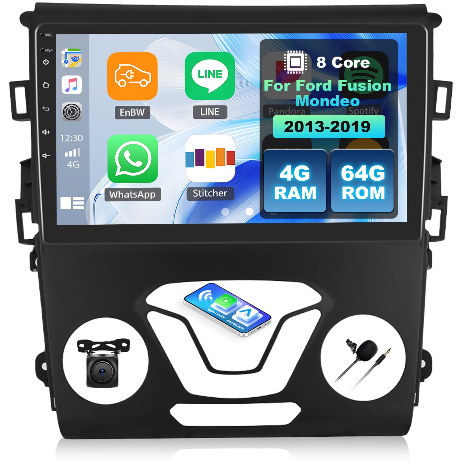 4+64G 8-Core Android 15 Car Radio Stereo for Ford Fusion Mondeo 2013-2019 with Wireless CarPlay Android Auto, 9'' IPS Touchscreen Car Radio with WiFi Mirror Link GPS Bluetooth FM RDS DSP EQ SWC