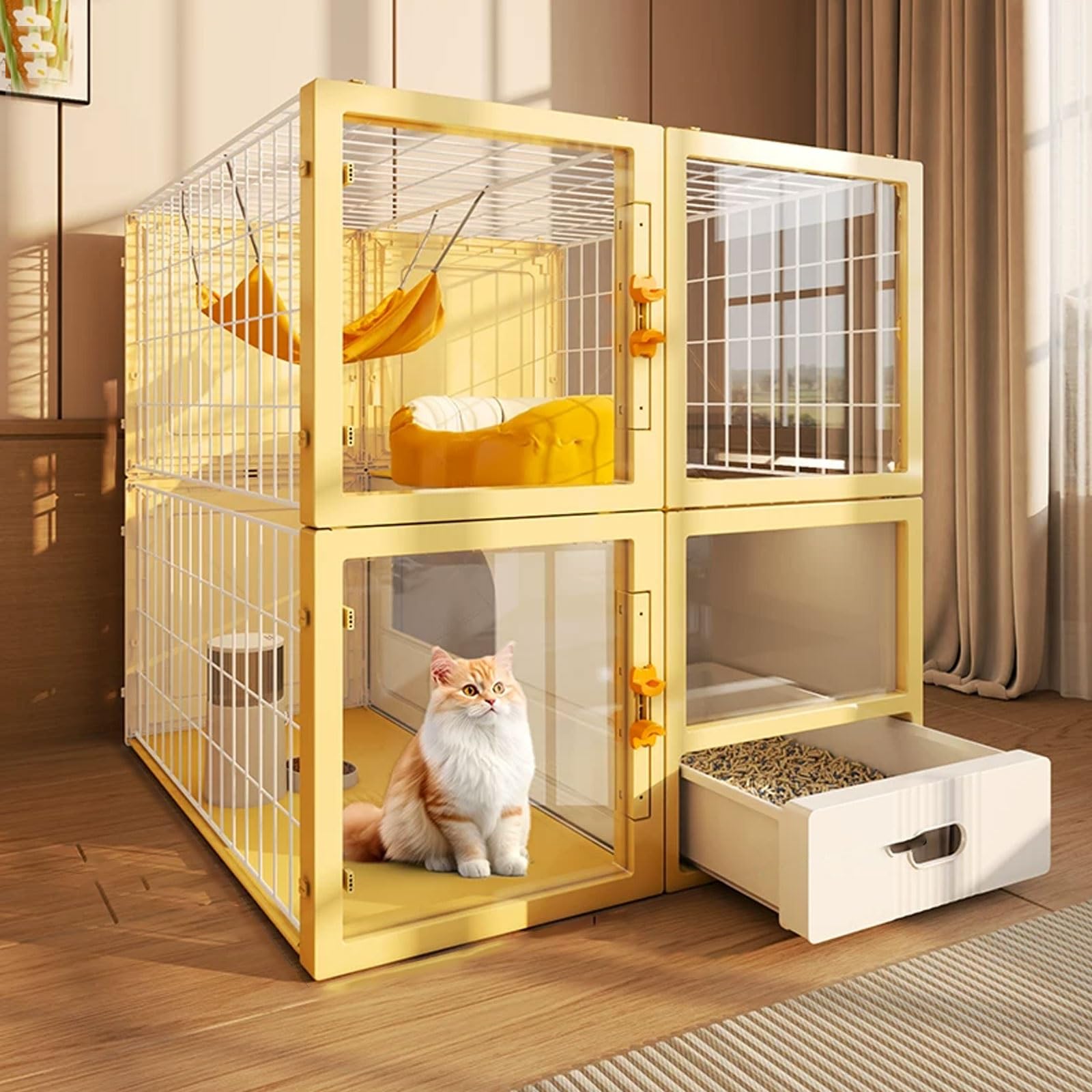 Cat Condo with Litter Box, Iron and PP Material, 3-Sided Breathable Wire Mesh, Panoramic View, Multiple Doors, for 1-2 Cats, Cat Villa Design