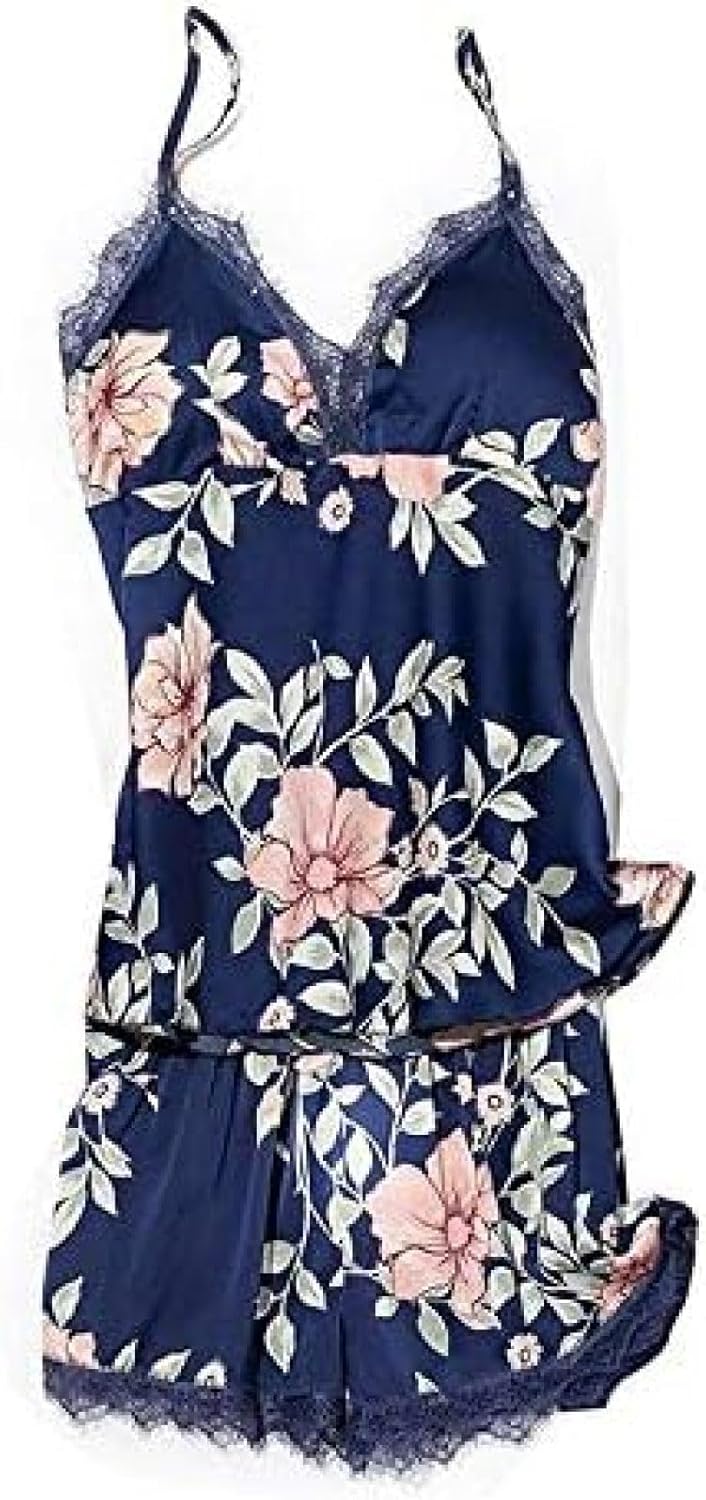 5PCS Pajamas Suit Lady Summer Pyjamas Sleepwear Loose Thin Sleep Set Sexy Printed Flower Kimono Robe Gown Casual Nightwear,Blue Top-Shorts,L
