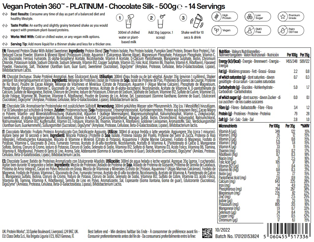 Protein Works | Vegan Protein 360 – PLATINUM Innovation, Premium-Veganproteinpulver, pflanzlicher Proteinshake, essentielle Vitamine & Mineralien, zuckerarm, Chocolate Silk, 14 Portionen, 500g