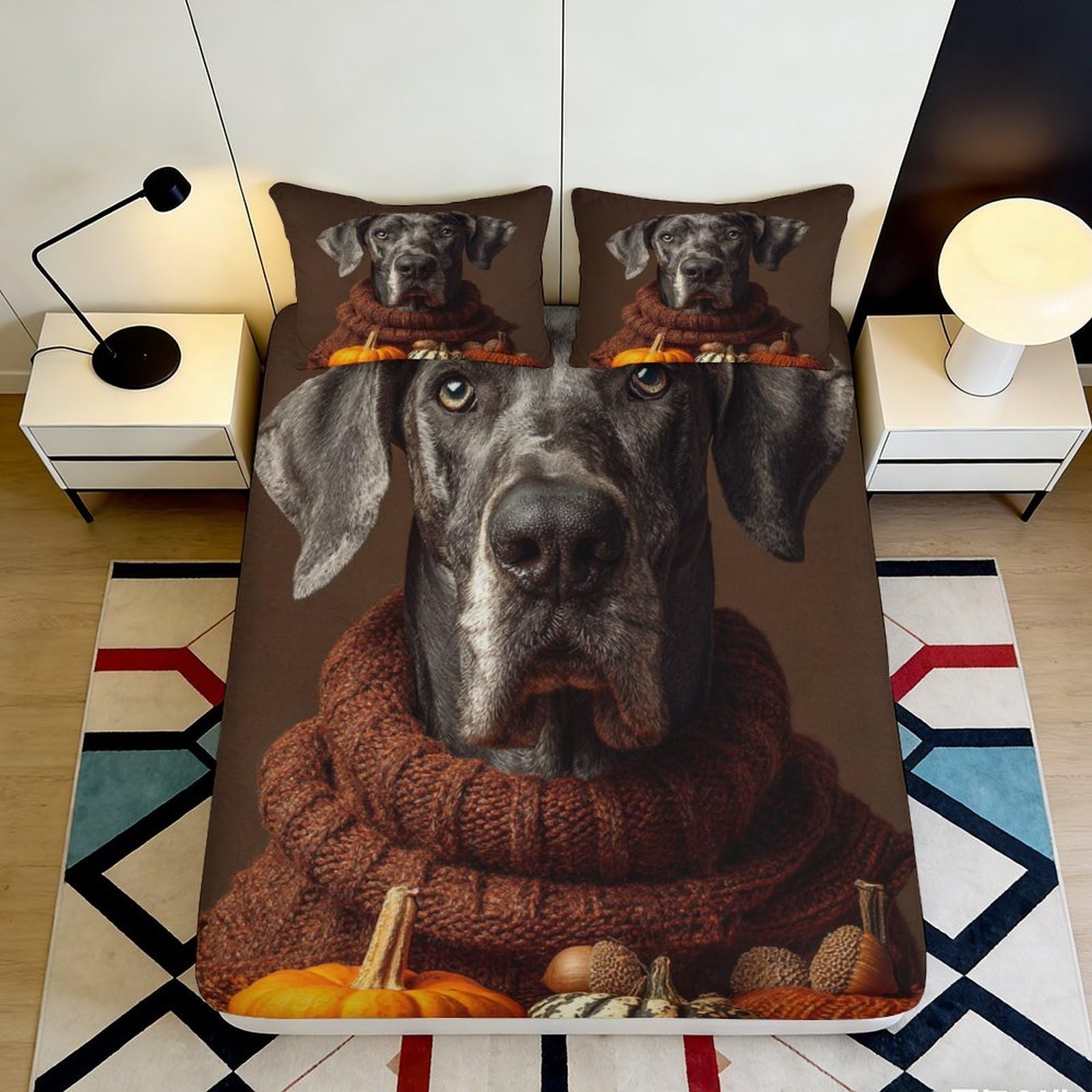 3D Printed Great Dane Dog Fitted Sheet Microfiber Autumn Pumpkin Bed Cover for Bedroom Decor Mattress Protection 160x200x25cm