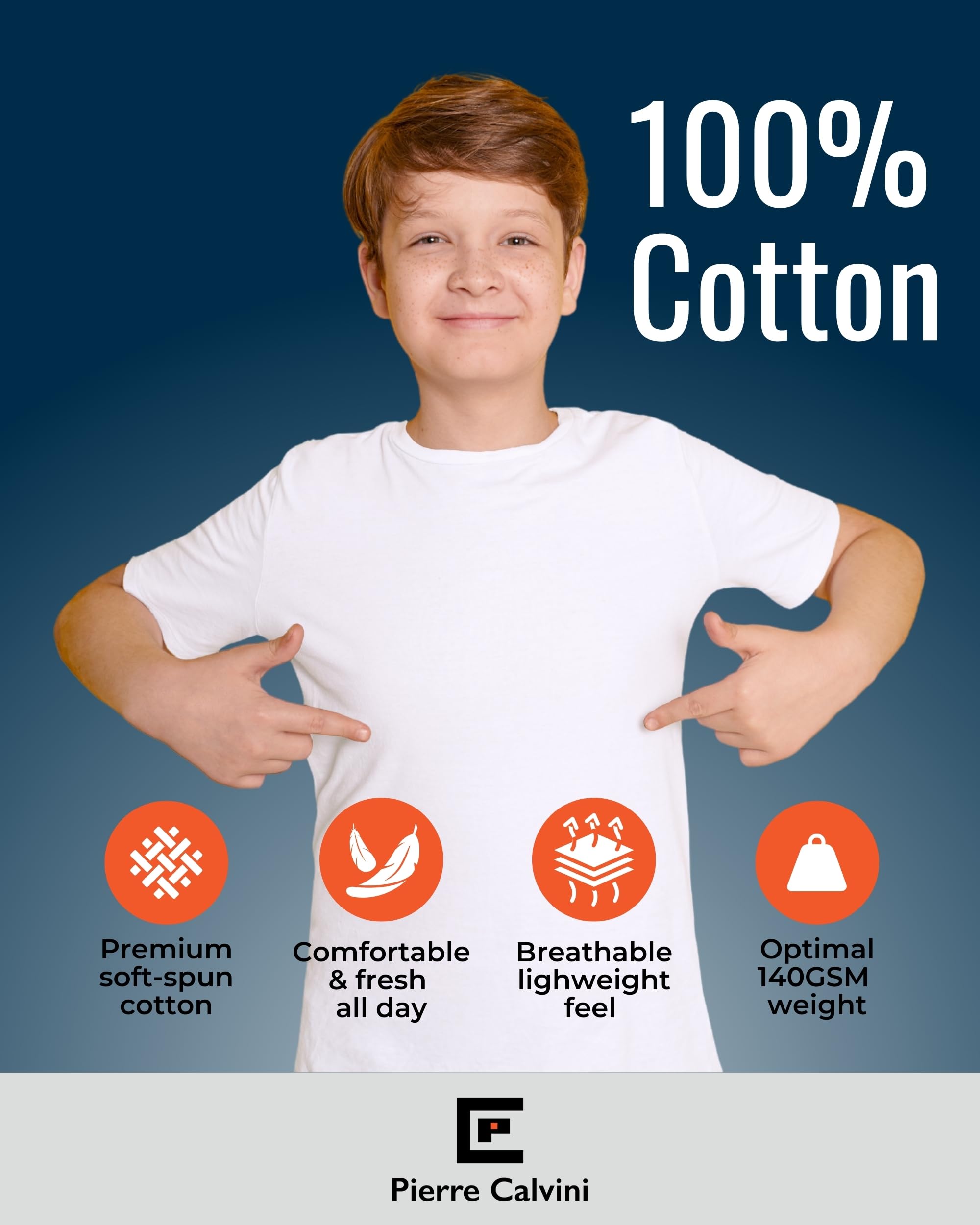 Pierre Calvini Kids White T-Shirts (5 Pack) - 100% Cotton Boys & Girls Plain T Shirt - for School, PE and Everyday - Soft and Comfortable Cotton Tees for Children Ages 5-13