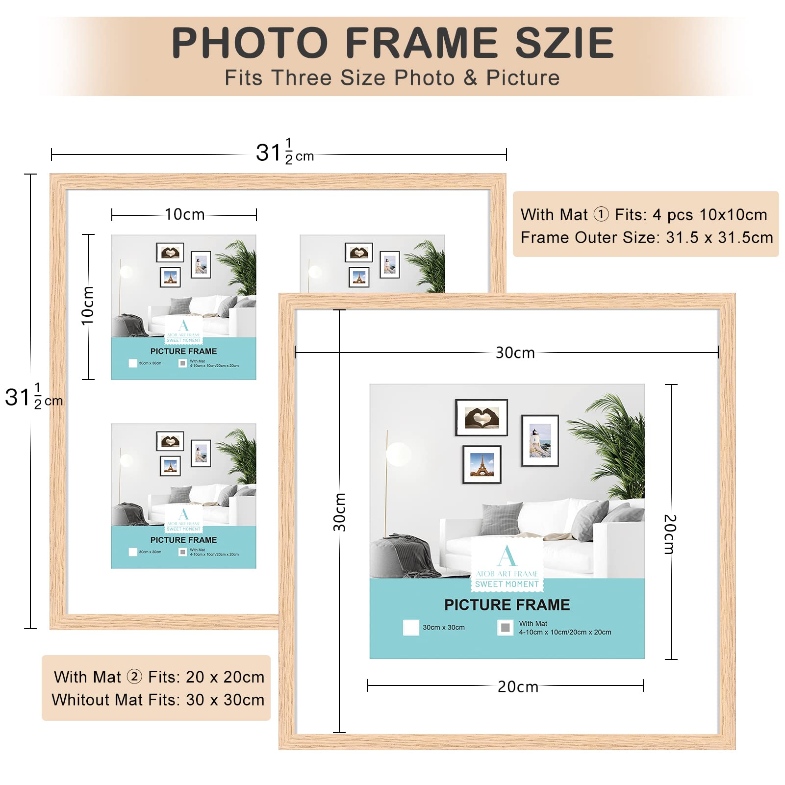 ATOBART 30x30cm Struttura immagine in legno solido,foto cornice parete anteriore Hanging Gallery per parete e tavolo display,12x12 inch,colore rovere set di 4