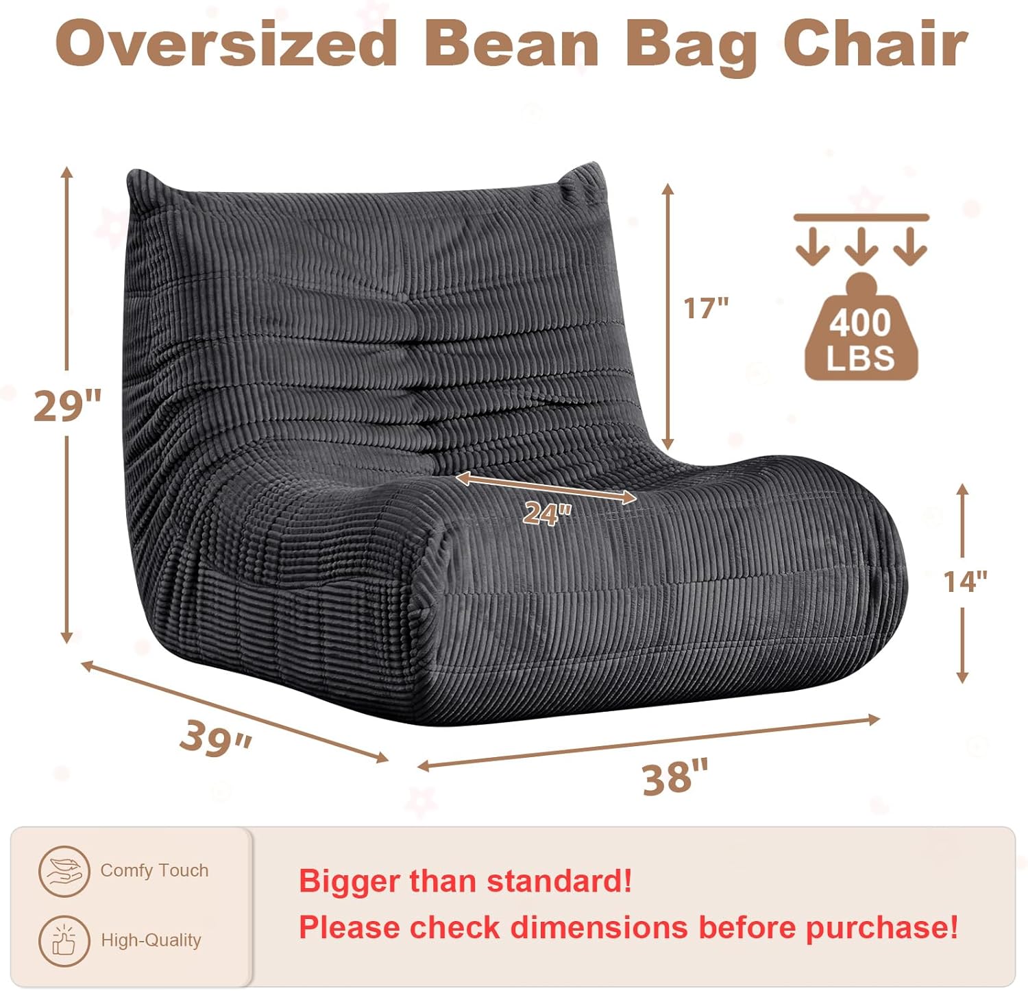 Giant Bean Bag Chair, Memory Foam Filled Oversized Corduroy Floor Sofa for Adults, High-Rebound Boneless Lazy Chair for Living Room, Bedroom, Reading & Gaming, Grey