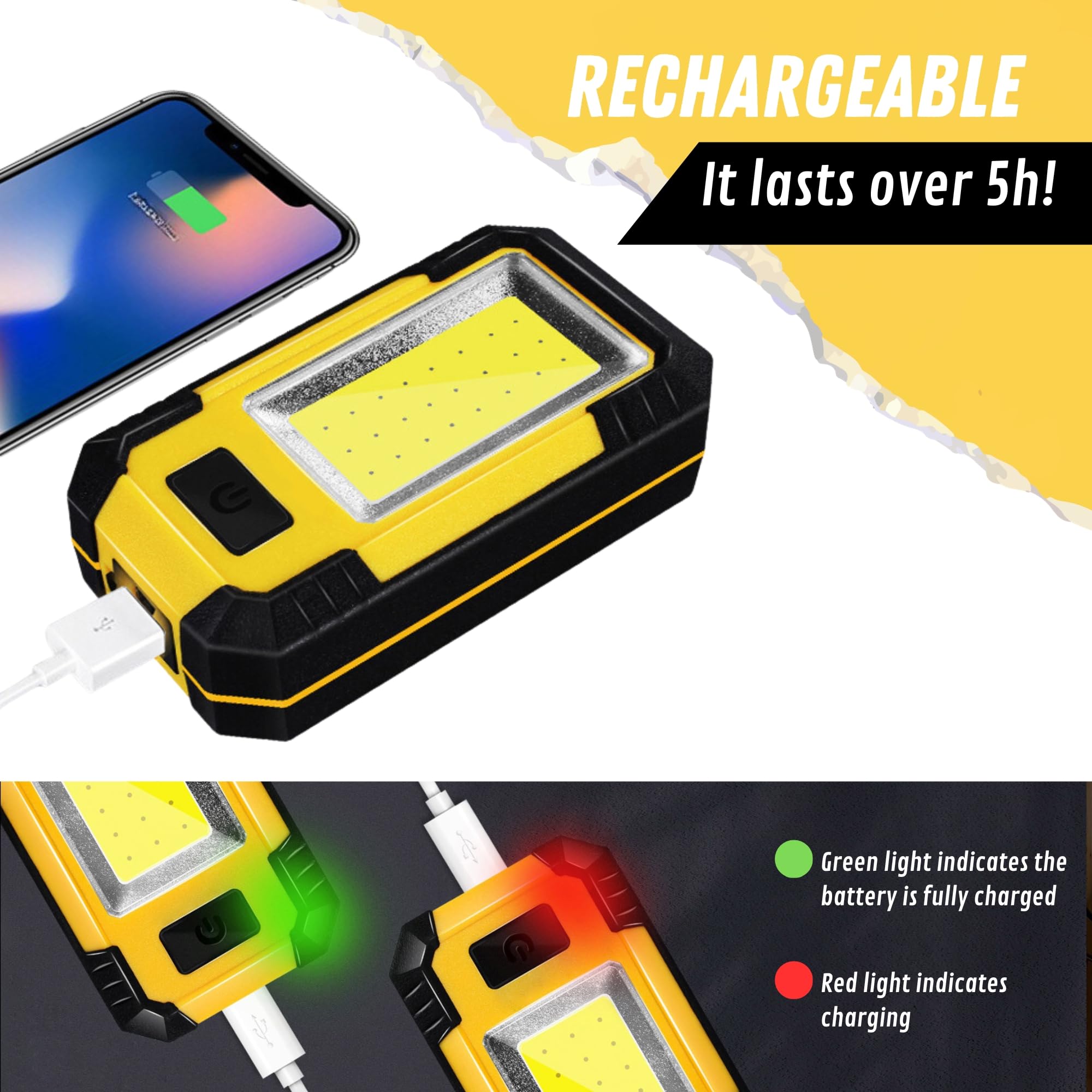 2x Linterna COB LED con Gancho e Imán. Linterna Magnética de Taller con 3 Modos. Linterna Recargable para Hogar, Automóvil, Camping, Senderismo. 5W y 500LM. (Cable USB Incluido).