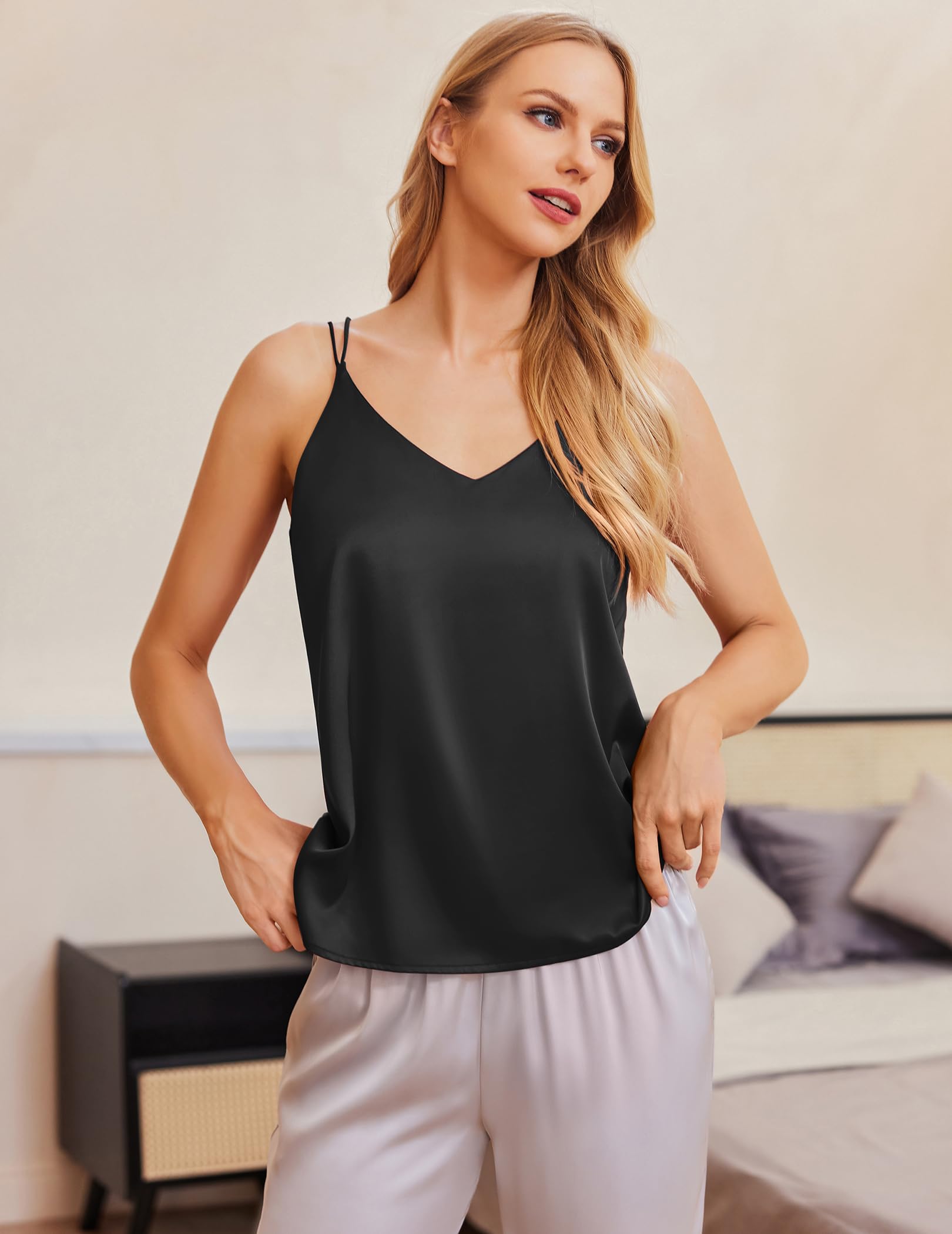 Ekouaer Top de satén para mujer, elegante, espagueti, cuello en V, básico, de seda, sin mangas, S-XXL