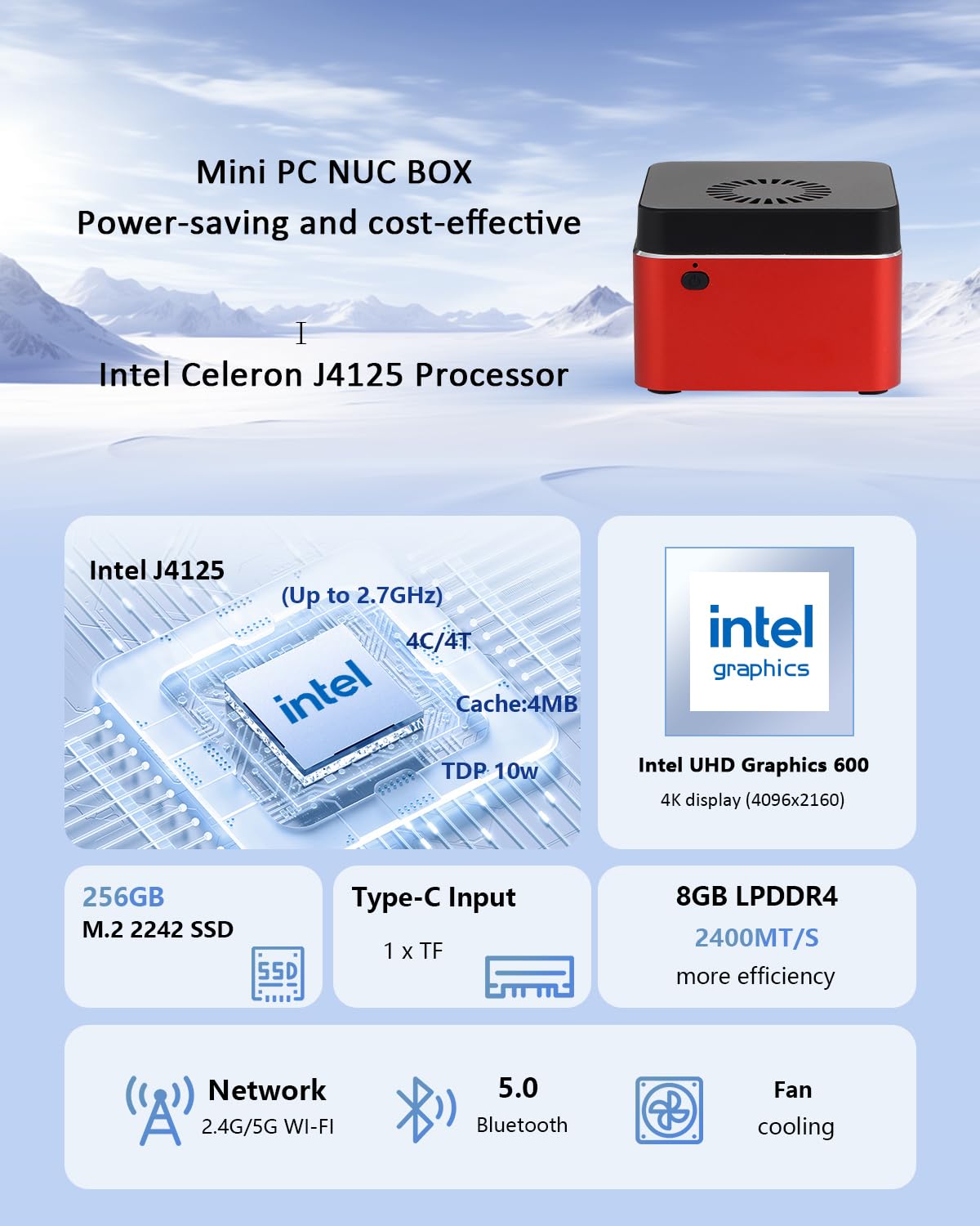 Mini PC NucBox G5 with in-tel J4125 Micro Desktop Computer 4K Display 8GB DDR4 256GB SSD Wi-Fi5.0/BT4.0/USB3.0/HD/TF Slot for Home/Business/School (12-Months-Technical Support)