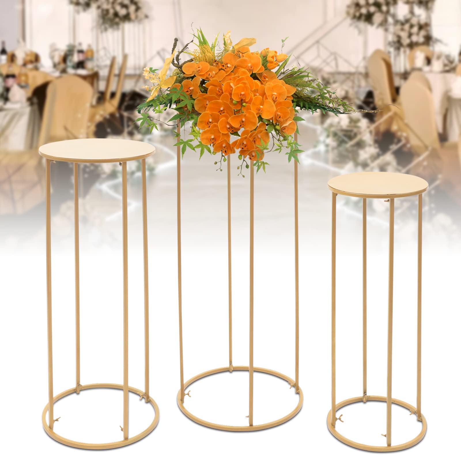 3er Set Zylindrische Blumenständer Gold, Metall Blumenständer Hochzeit, Freistehende Deko-Säulen für Blumen & Ballons, Zeremonie Party Tischdeko, stabil & wiederverwendbar