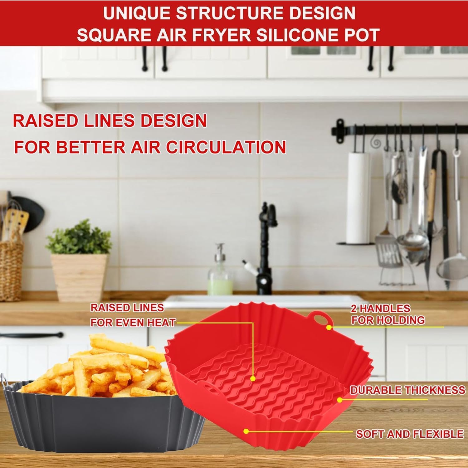 PRIMESKY® Air Fryer Liners I Square Silicone Basket Baking Tray I Pot with Ear Handles I Nonstick Reusable Heat Resistant I Cooking Oven Insert Accessories - Multicolor (Square Liner, 8 INCH PACK OF1) 4